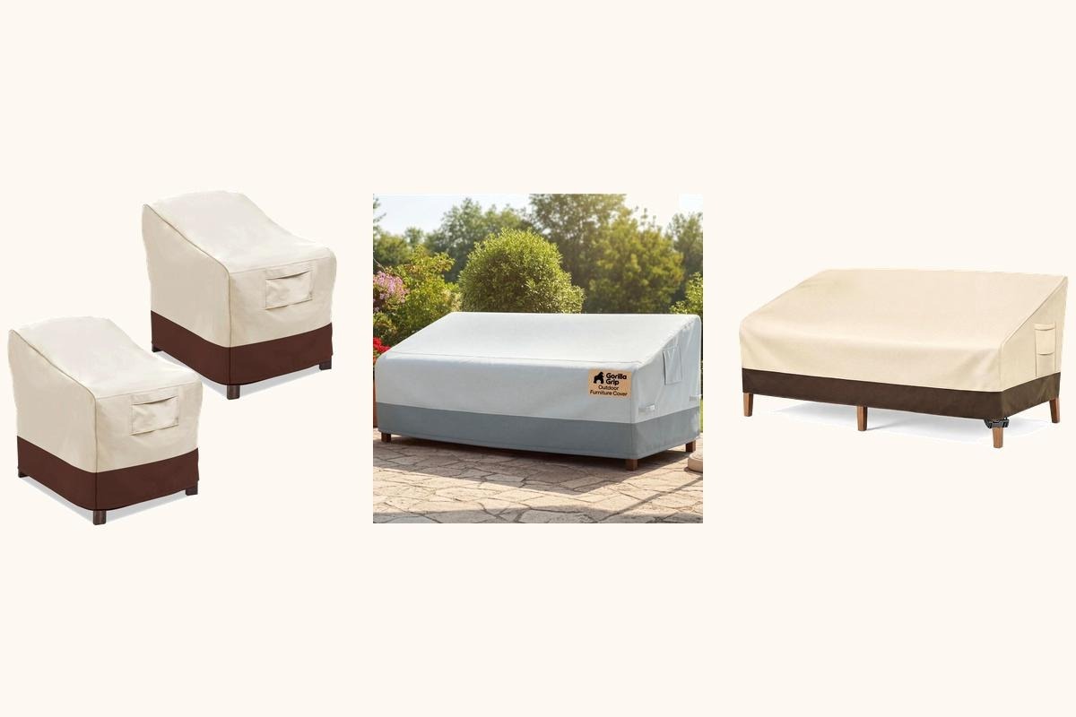 Three waterproof outdoor furniture covers for a chair and two sofa sizes