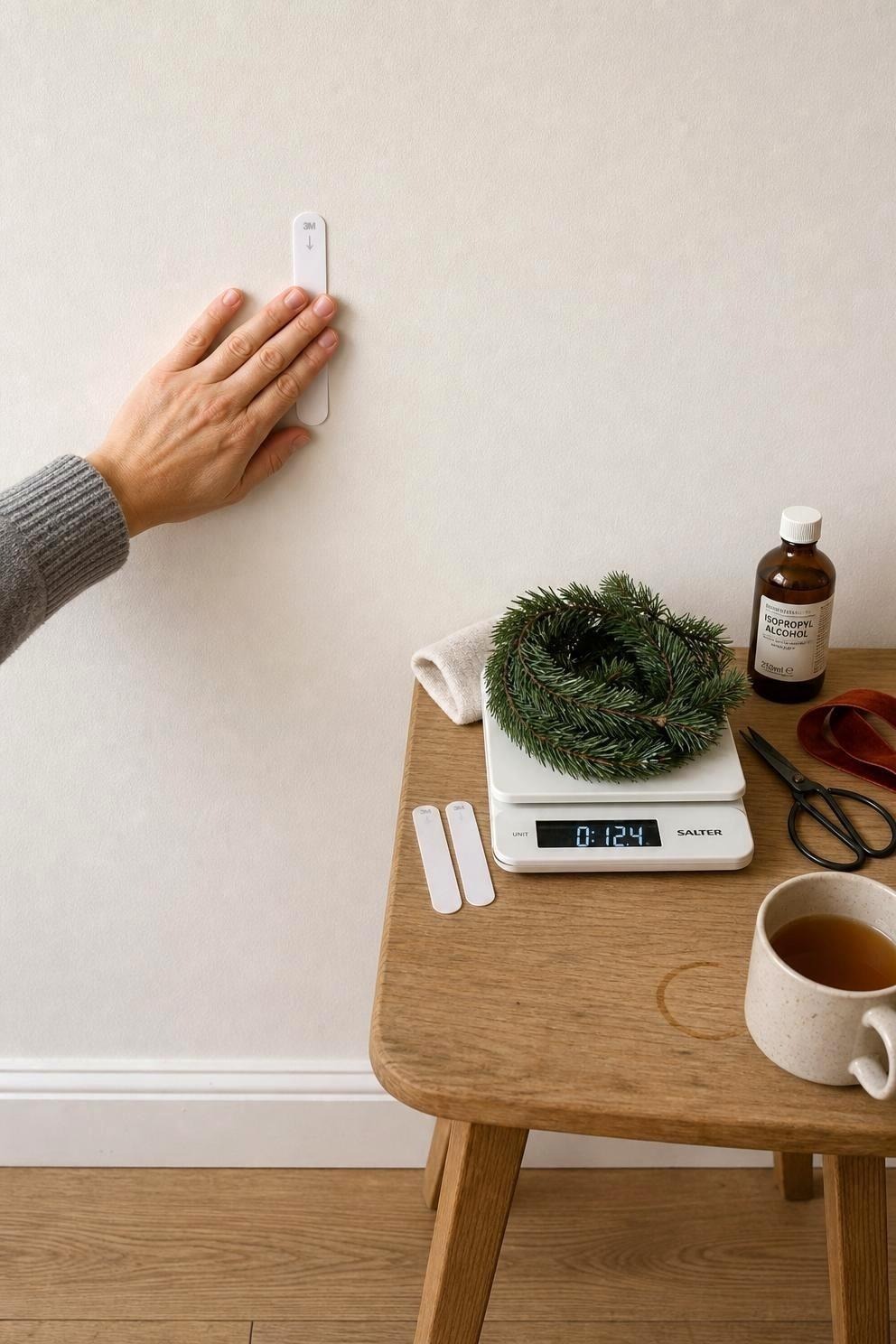 A hand pressing a white adhesive picture hanging strip flat against a smooth pale wall beside a small kitchen scale holding a coiled evergreen garland