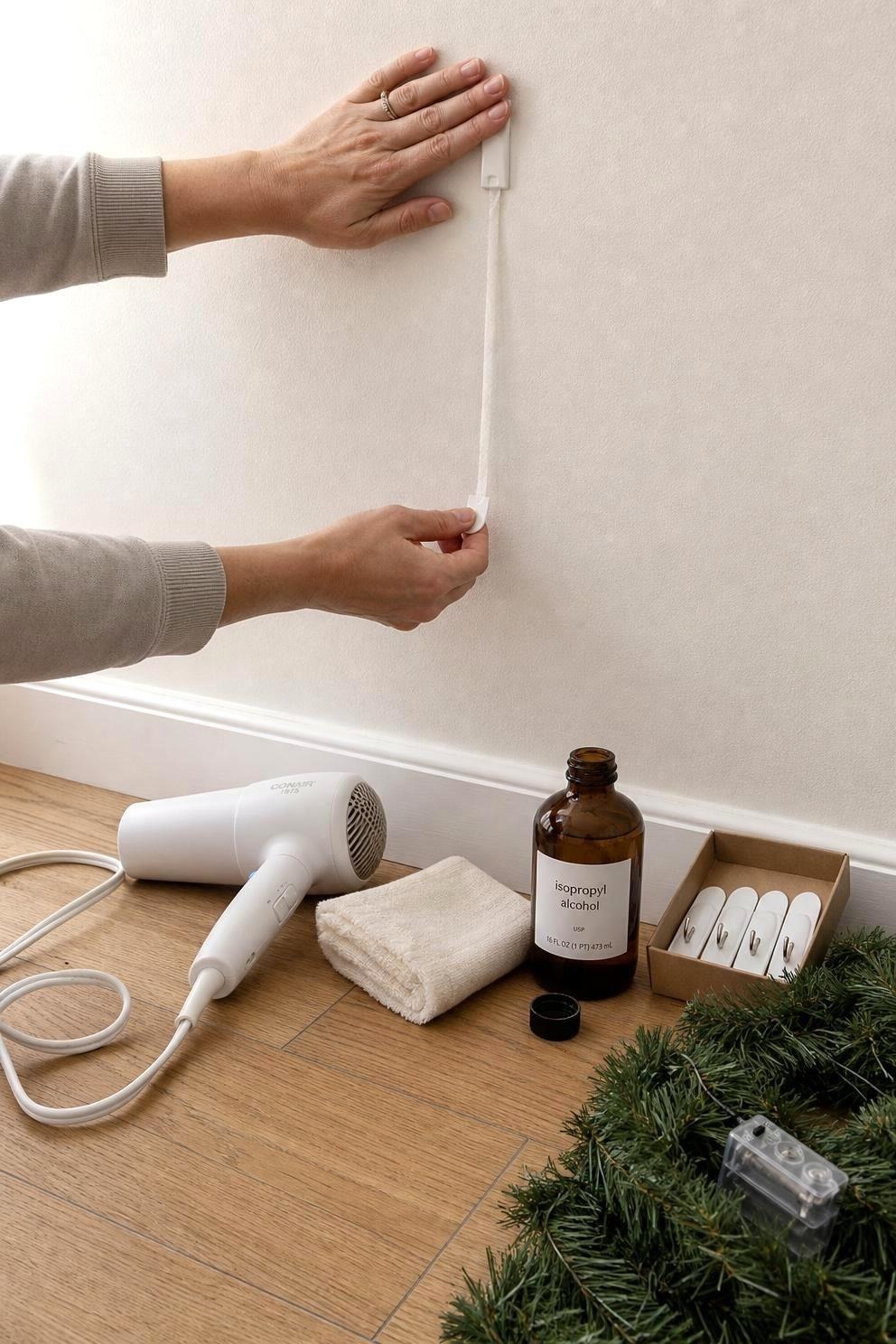 A hand stretching a white adhesive strip tab straight down the face of a pale wall, a small hair dryer resting on the floor beside a folded cloth and a bottle of isopropyl alcohol