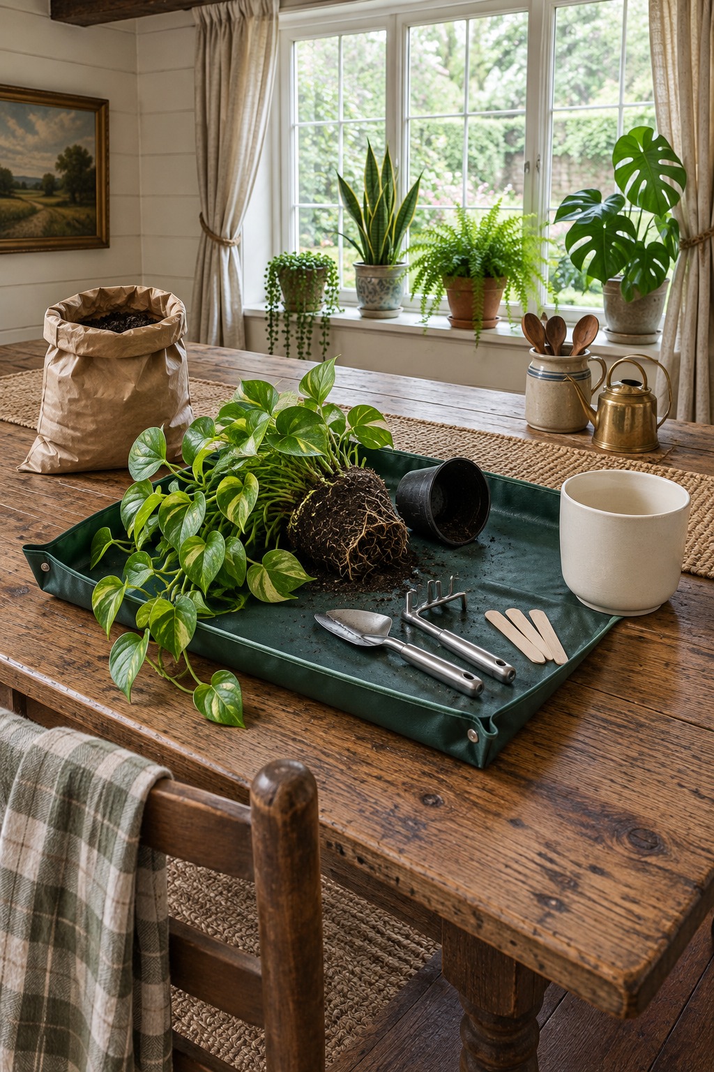 Wooden dining table with a dark green waterproof repotting mat snapped into a tray, a pothos lifted from its nursery pot, a cream ceramic pot and small stainless steel tools