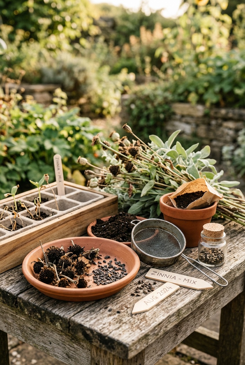 Zinnia seeds spread on a paper plate being sorted from chaff and debris