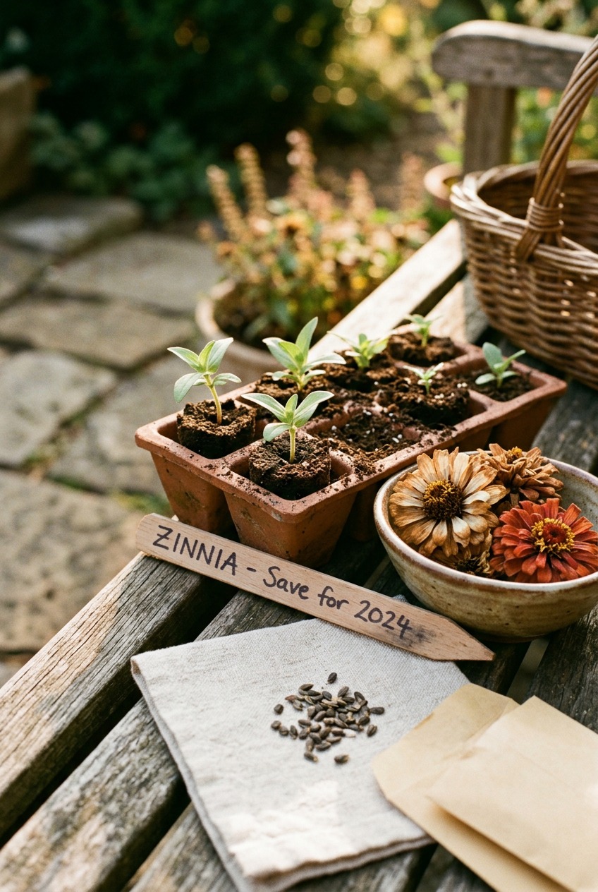 Labeled paper seed envelopes stored in a wooden box in a cool dry space
