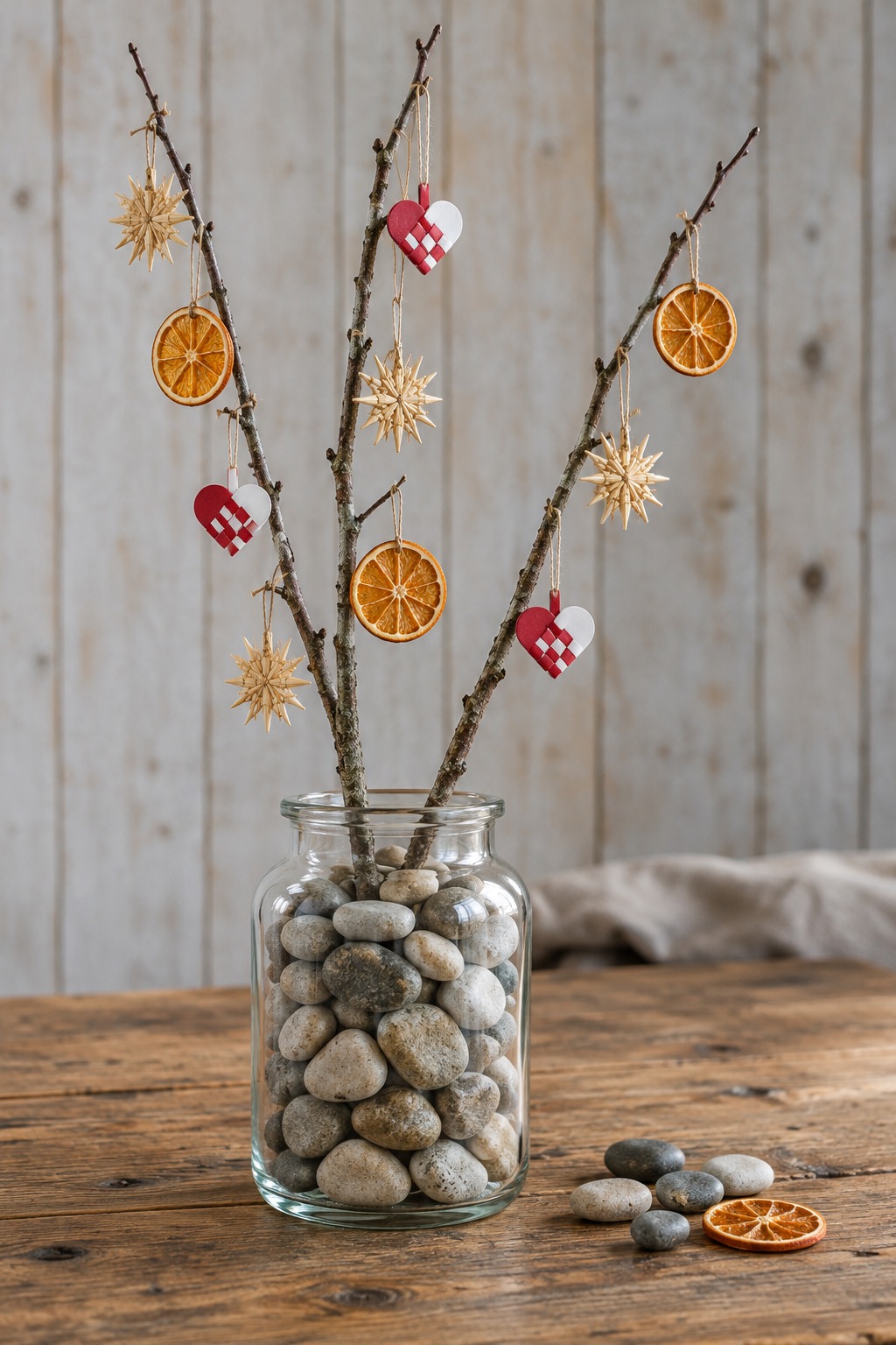 Three tall bare branches in a clear glass jar of stones on a wooden table, hung with straw stars, red and white paper hearts and dried orange slices