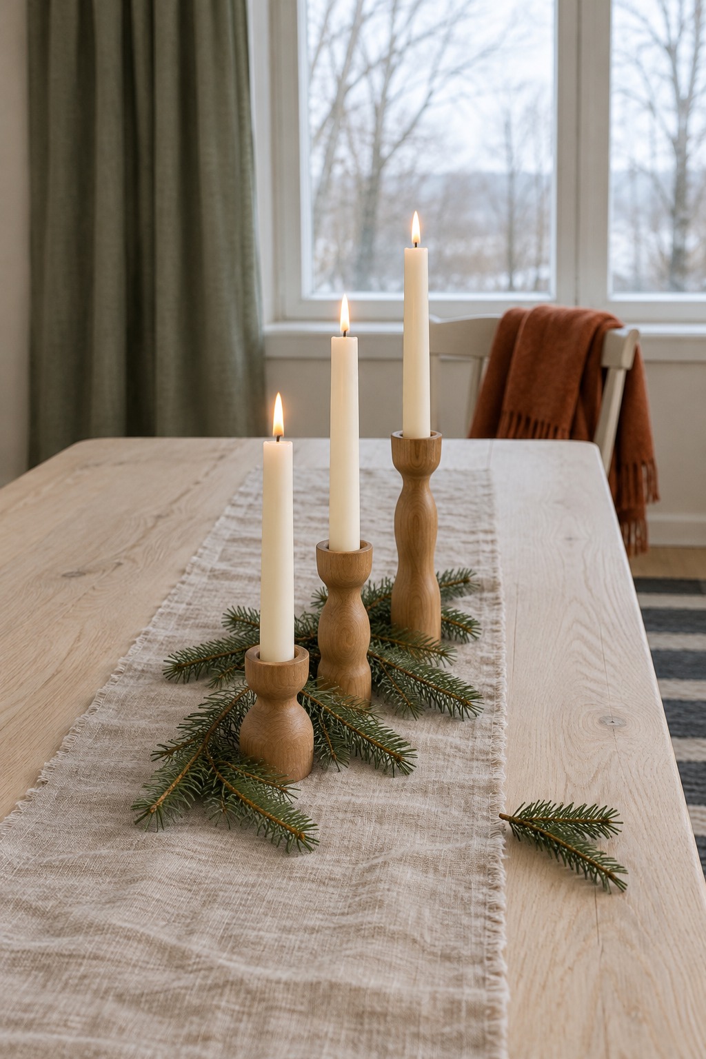 Three ivory taper candles lit in wooden candle holders of different heights on a pale wooden dining table with a linen runner and a few spruce sprigs