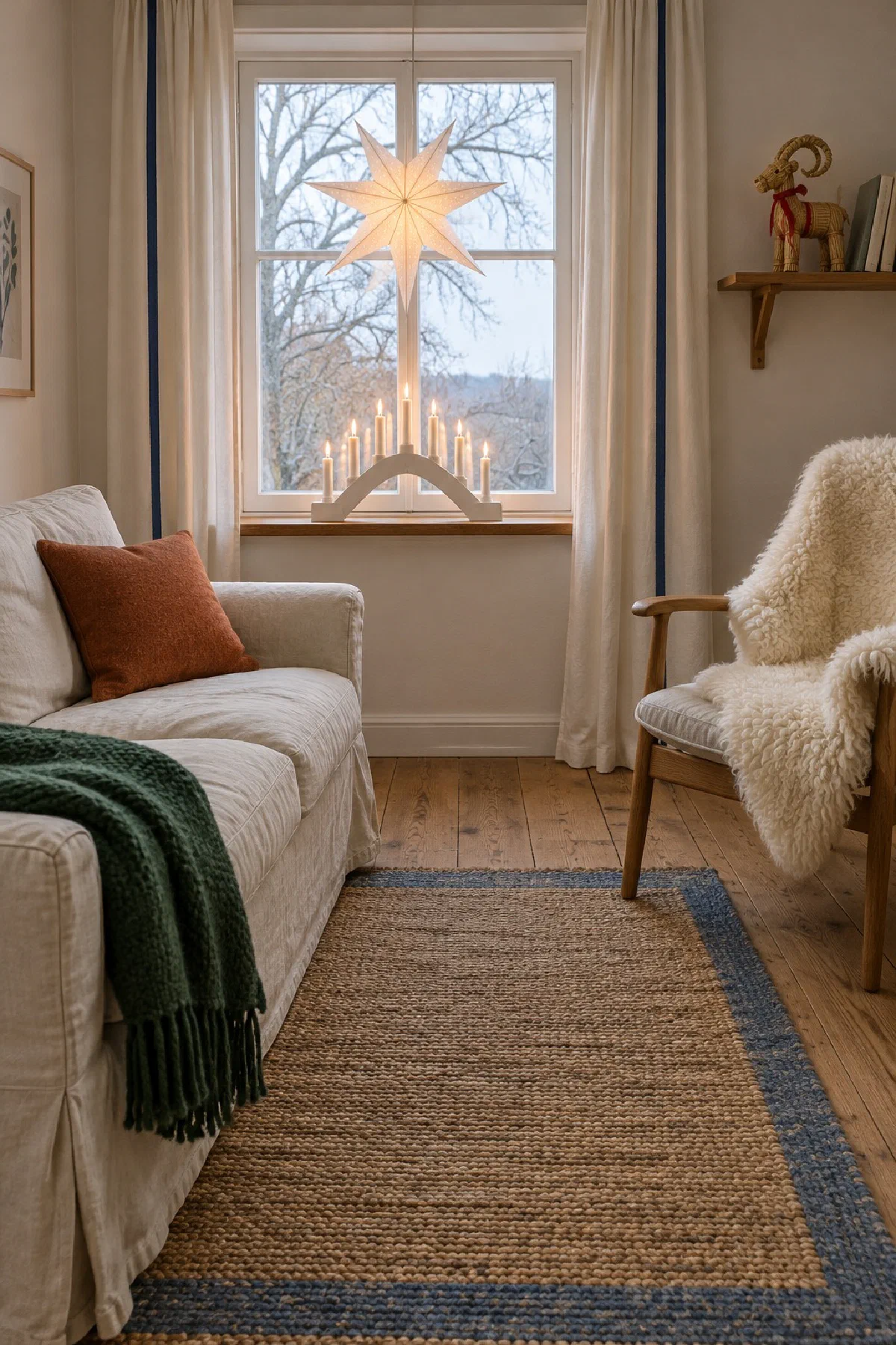 Small living room at Christmas with a white paper star in the window, a wooden candle bridge on the sill, a sheepskin on an armchair and a straw goat on a shelf