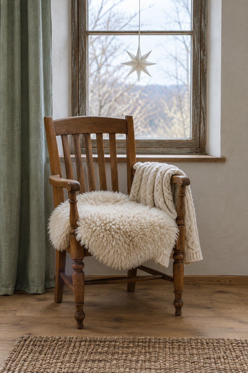 Wooden armchair with an ivory sheepskin over the seat and a cream cable knit wool throw folded over one arm, a small white star hanging in the window behind