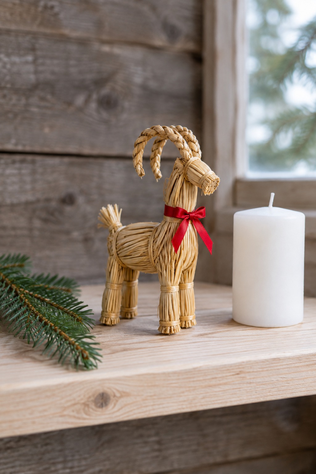 Small straw Yule goat tied with a red ribbon on a pale wooden shelf next to a white candle and a sprig of spruce