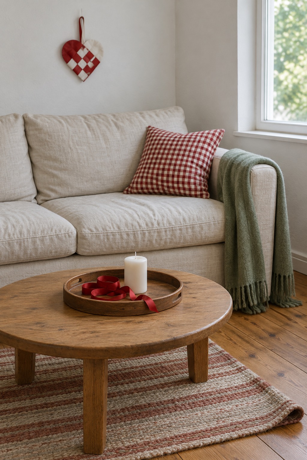 Corner of a small living room with a cream linen sofa, a wooden tray on the coffee table holding a red ribbon and a white candle, and a red and white woven heart on the wall
