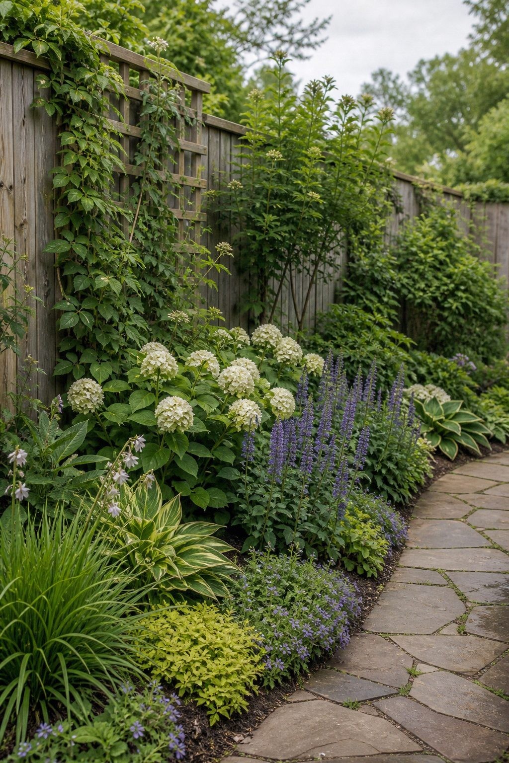 A backyard fence line softened with layered shrubs, climbing vine, hydrangea, salvia, groundcover, and a curved path