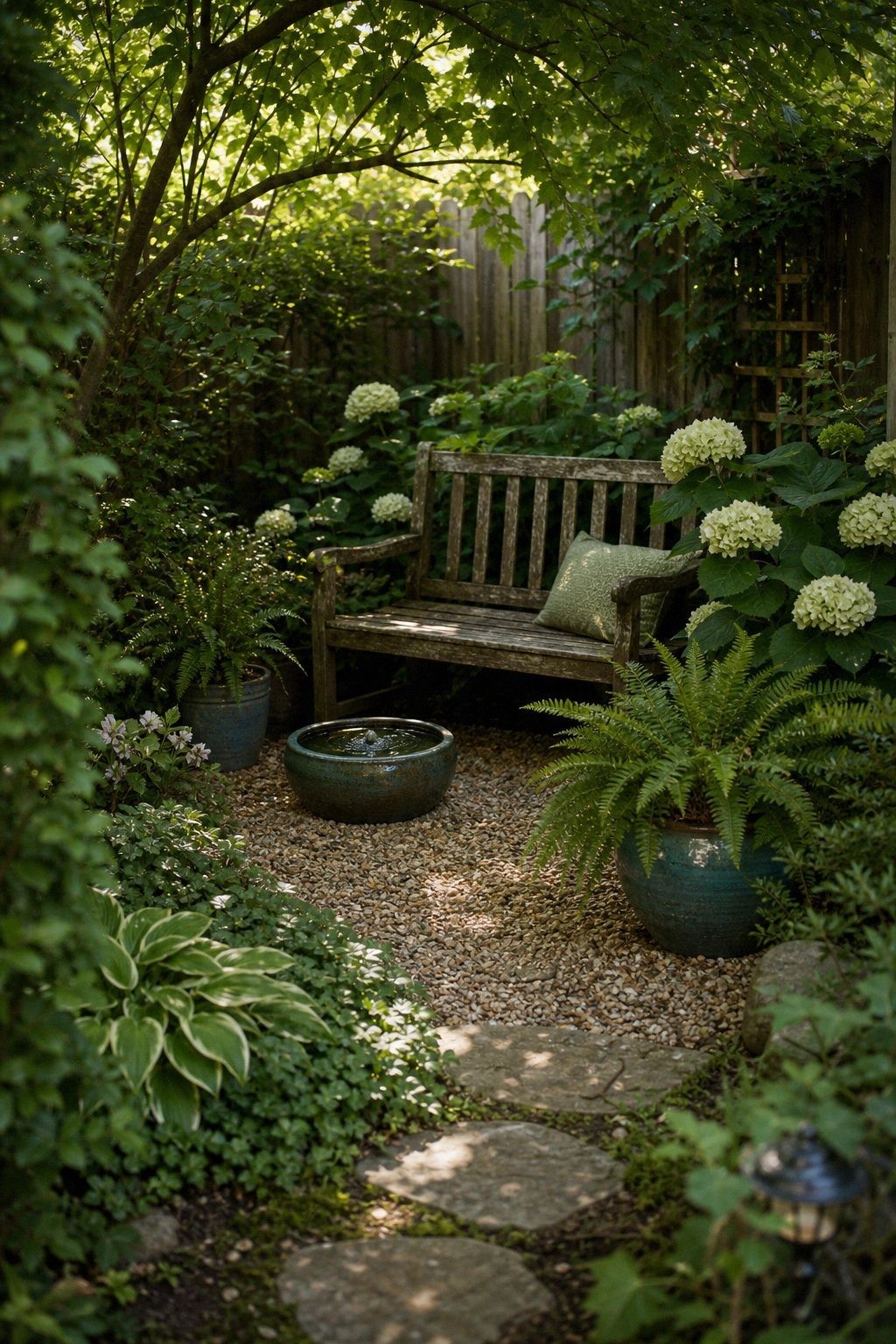 A tucked-away backyard bench surrounded by ferns, hydrangeas, gravel, shade, and a small water bowl