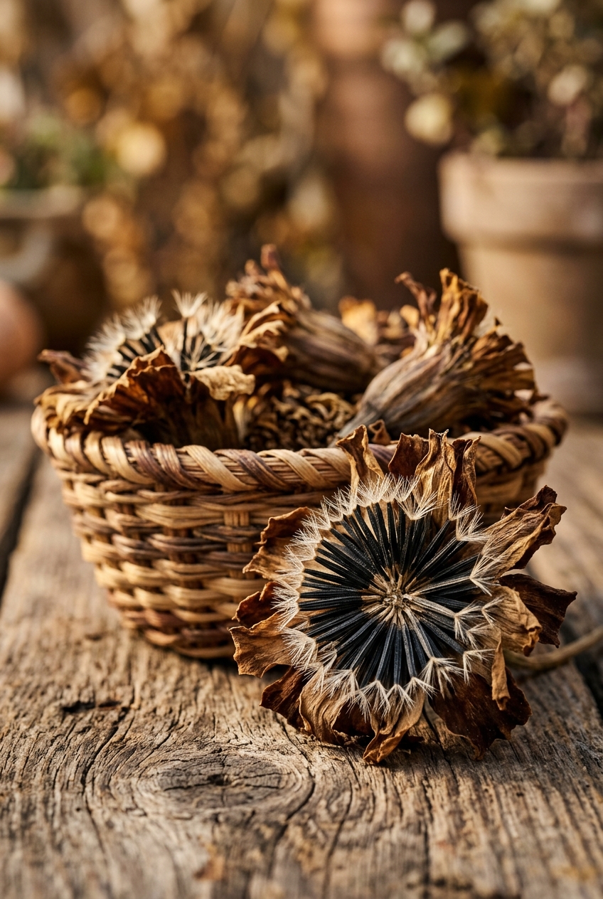 Dried marigold seed heads in a wicker basket showing mature seeds ready for harvest