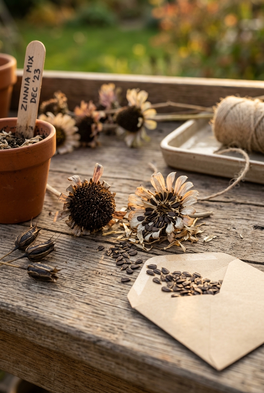 Hands holding dried zinnia seed heads showing the cone center with visible seeds