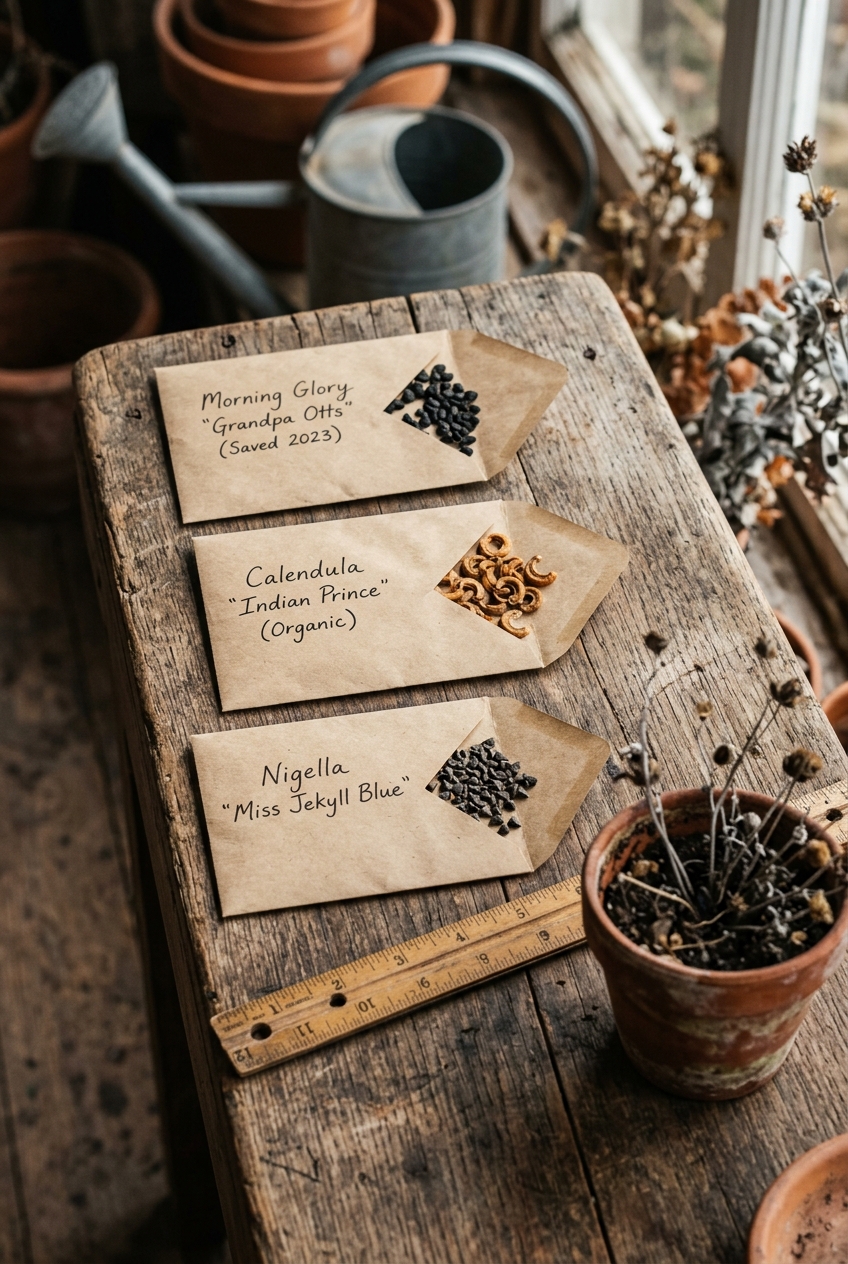 Collection of labeled paper envelopes filled with saved flower seeds arranged on wooden surface