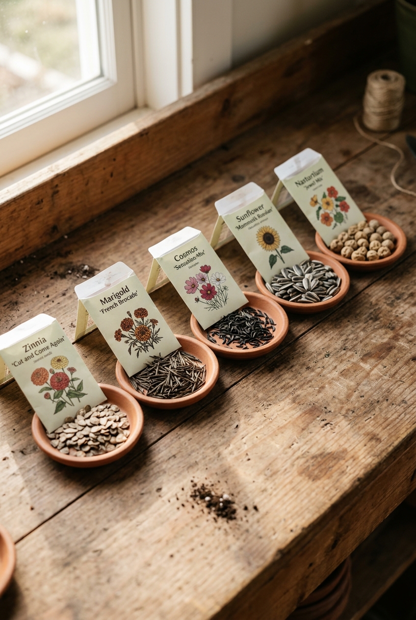 Seed starting supplies on wooden table with 72-cell tray, seed packets, and LED grow light