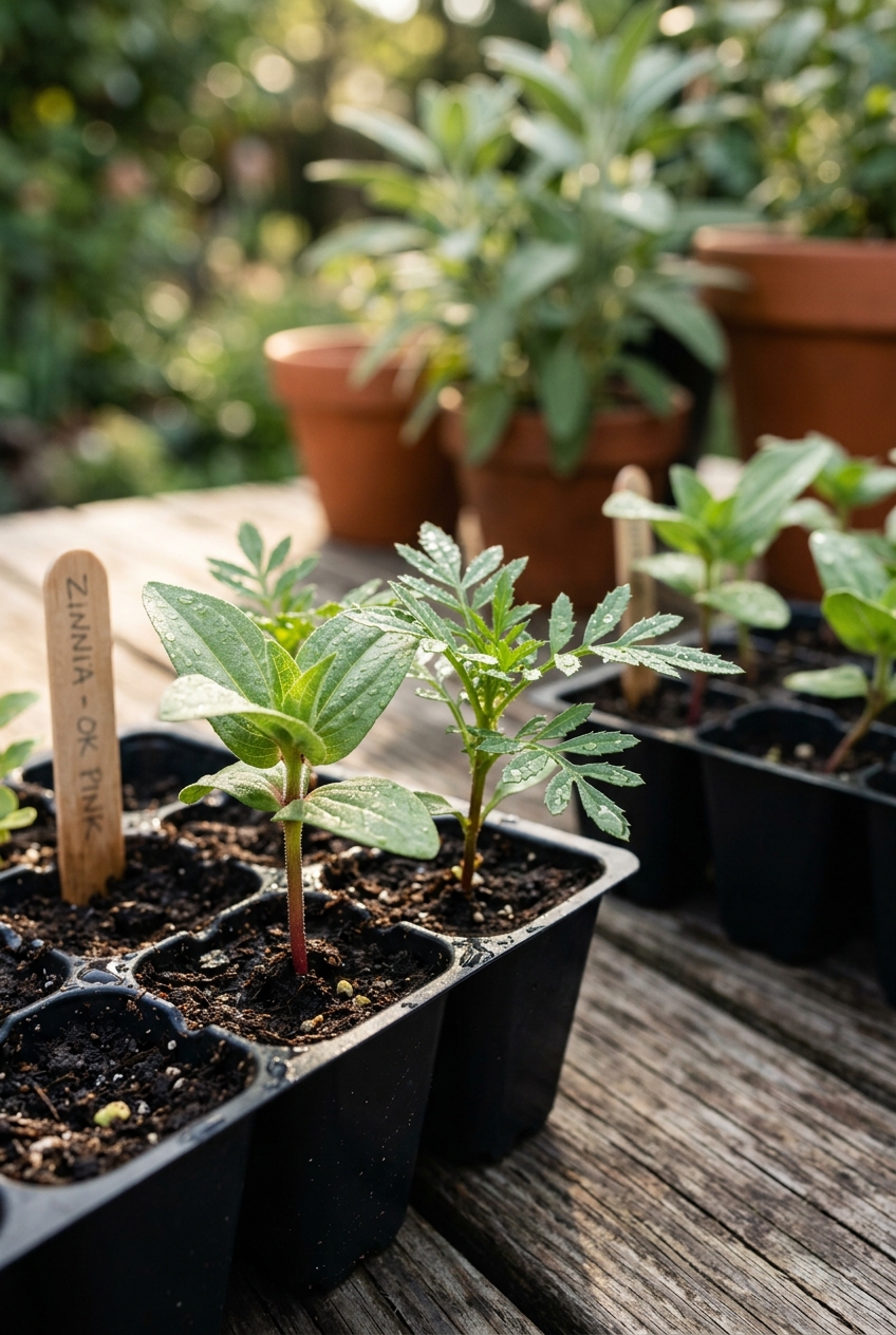 Seedling trays hardening off on wooden deck in dappled morning sunlight