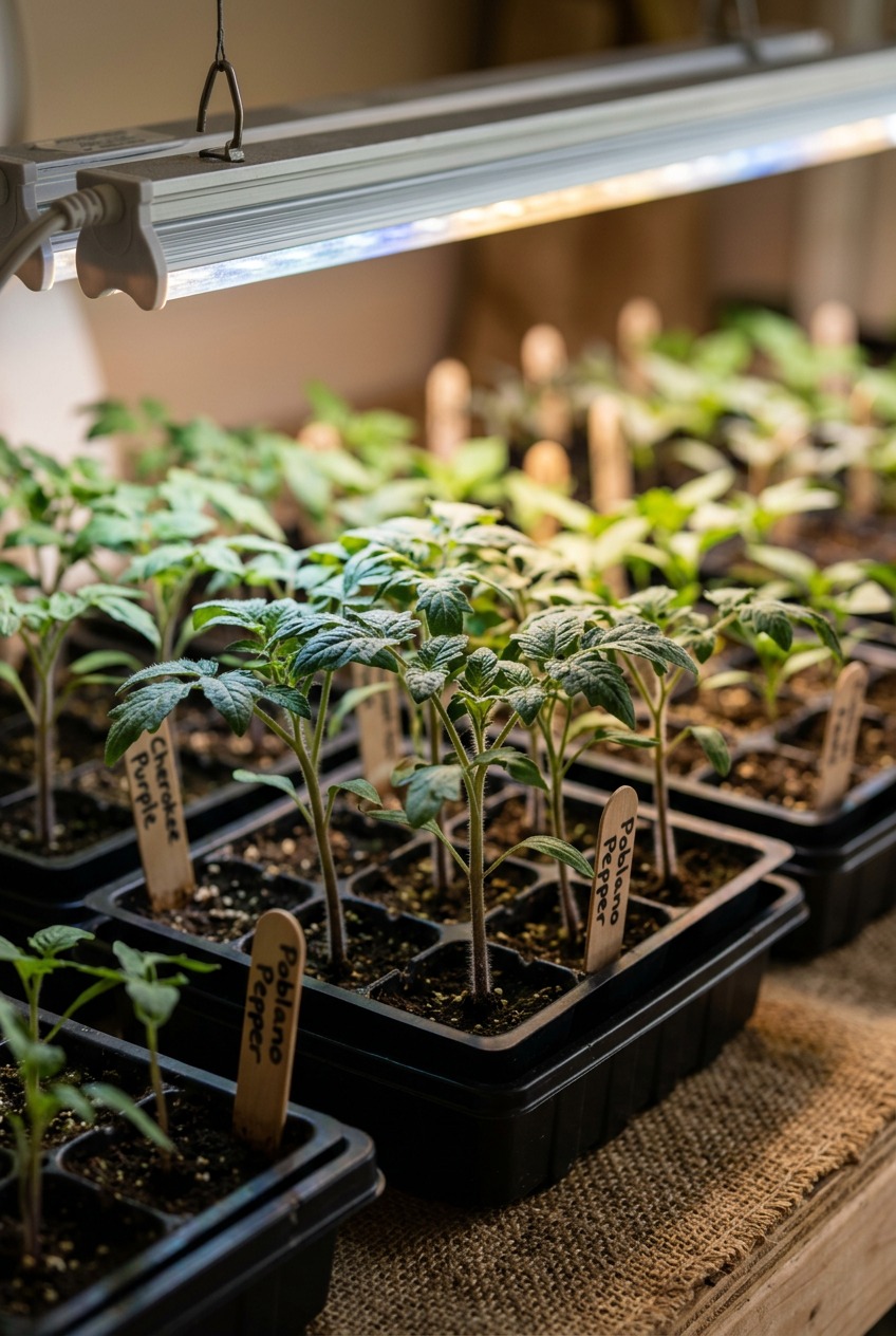 Seed starting supplies arranged on table showing trays, soil mix, heat mat, and grow light for Zone 6 indoor planting