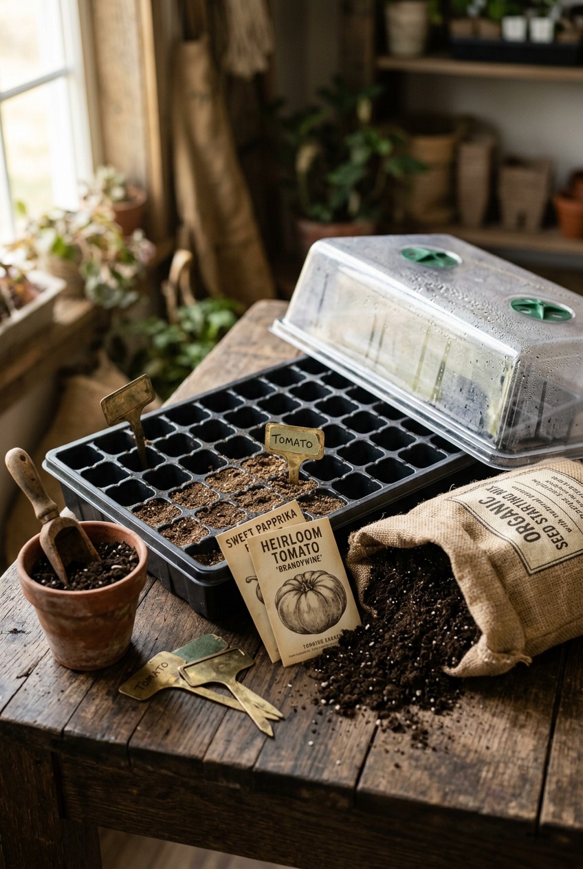 Seedling trays under LED grow lights showing proper spacing and healthy tomato and pepper starts for Zone 6