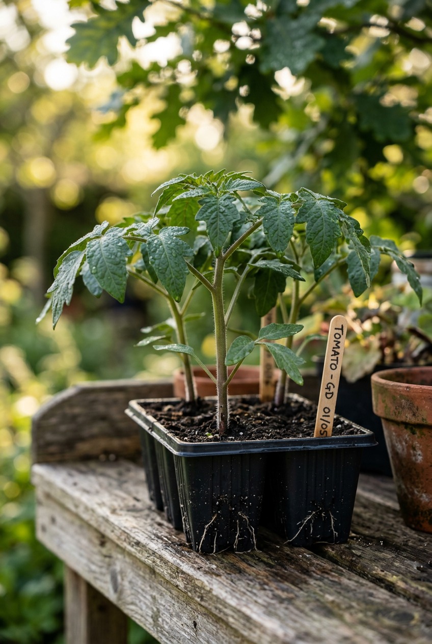 Hardened off tomato seedlings in trays ready for transplanting showing sturdy stems and dark green leaves