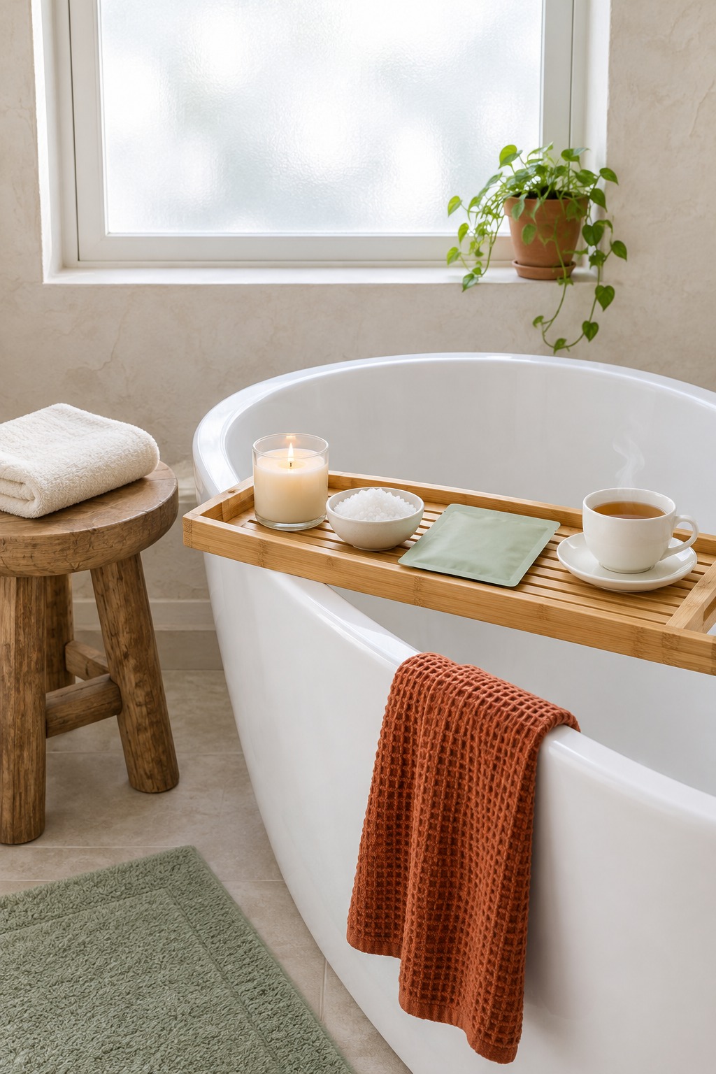 Bamboo bath tray across a white tub holding a candle in a glass jar, a small bowl of bath salts, a folded sheet mask pack and a cup of tea, with a folded cream towel on a stool beside the tub