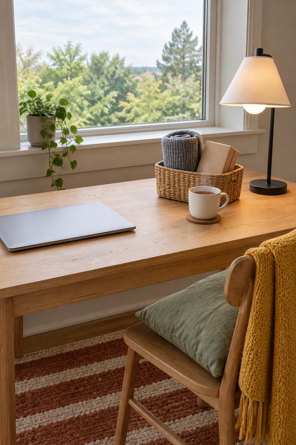 Wooden desk by a window with a laptop closed to one side and a small woven basket holding a rolled gray neck wrap, a hand cream set and a white mug of tea beside a lit lamp
