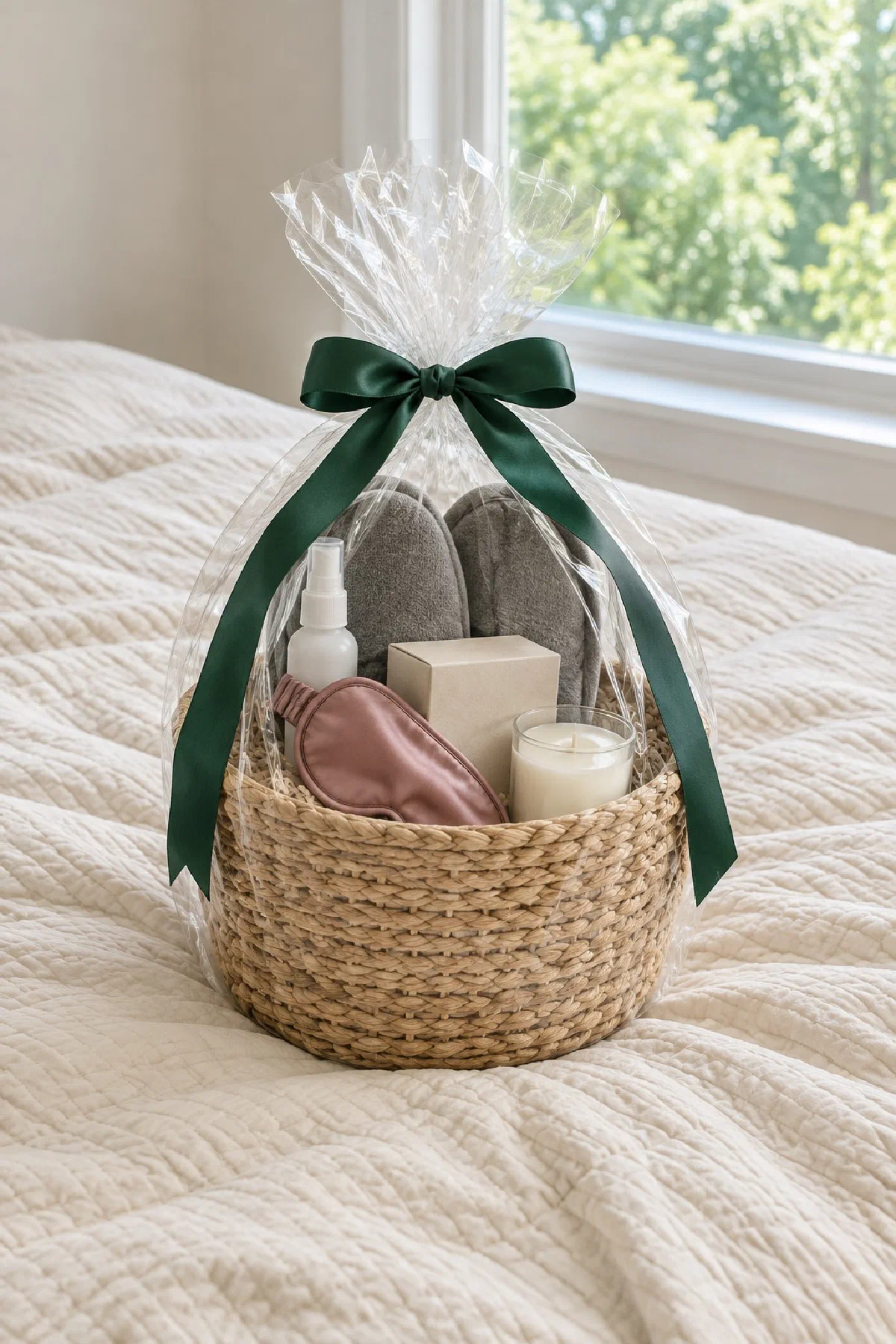 Woven basket on a bed with a cream quilt holding a pillow spray, a sleep mask, a tea box, a pair of slippers and a candle, wrapped in clear cellophane with a green ribbon, in bright morning light