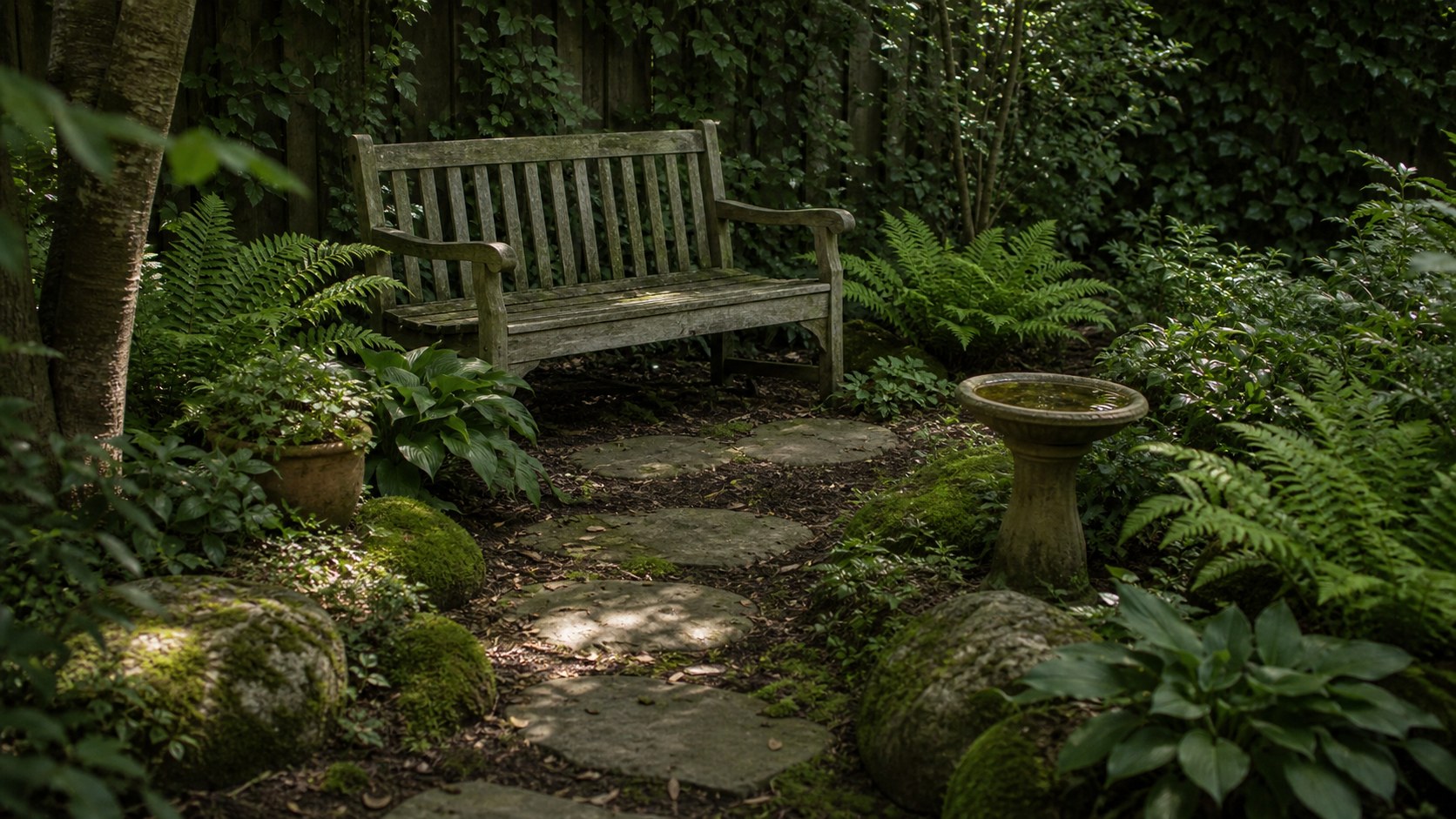 Small shaded garden seating nook with ferns, mossy stones, and a simple wooden bench