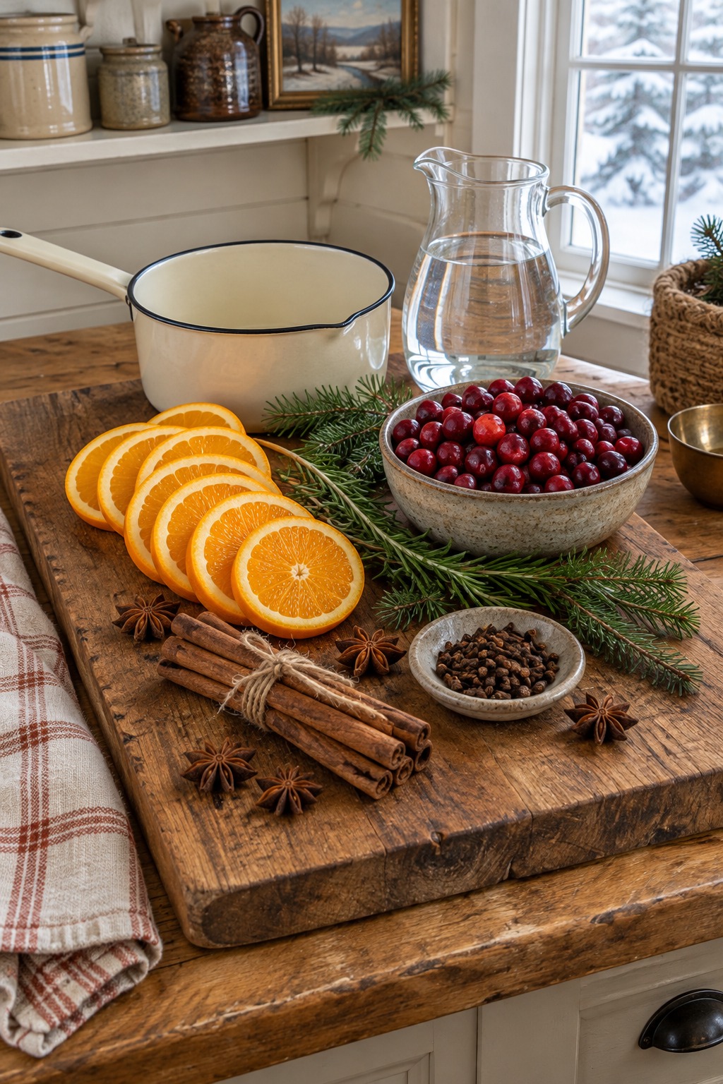 Wooden cutting board on a farmhouse kitchen counter with sliced oranges, a bowl of fresh cranberries, a bundle of cinnamon sticks, star anise, whole cloves and pine sprigs laid out for a simmer pot, with an empty enamel saucepan and a jug of water behind