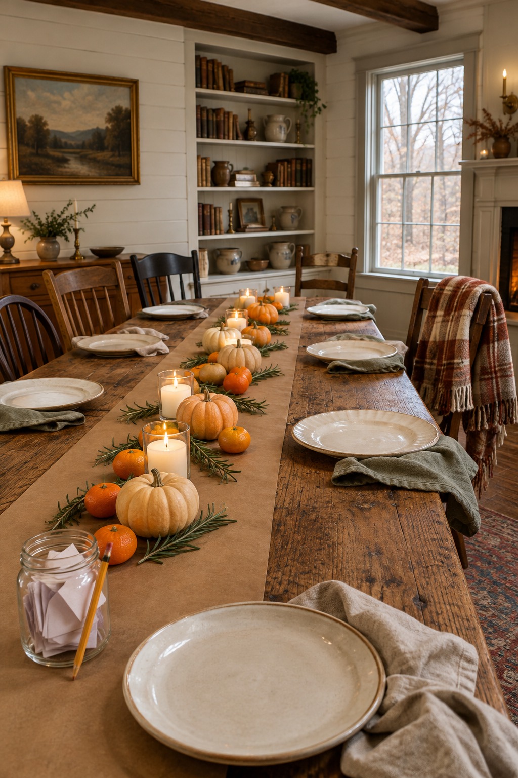 Wooden table with brown kraft paper down the middle, mismatched white and cream plates, linen napkins, a low line of clementines, small pumpkins, rosemary and short lit candles, and a jar of folded notes at one end