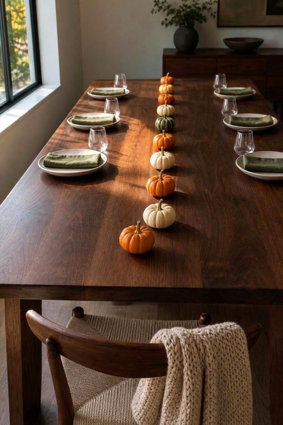 A line of eleven small orange and white mini pumpkins running down the center of a bare wooden dining table between two place settings