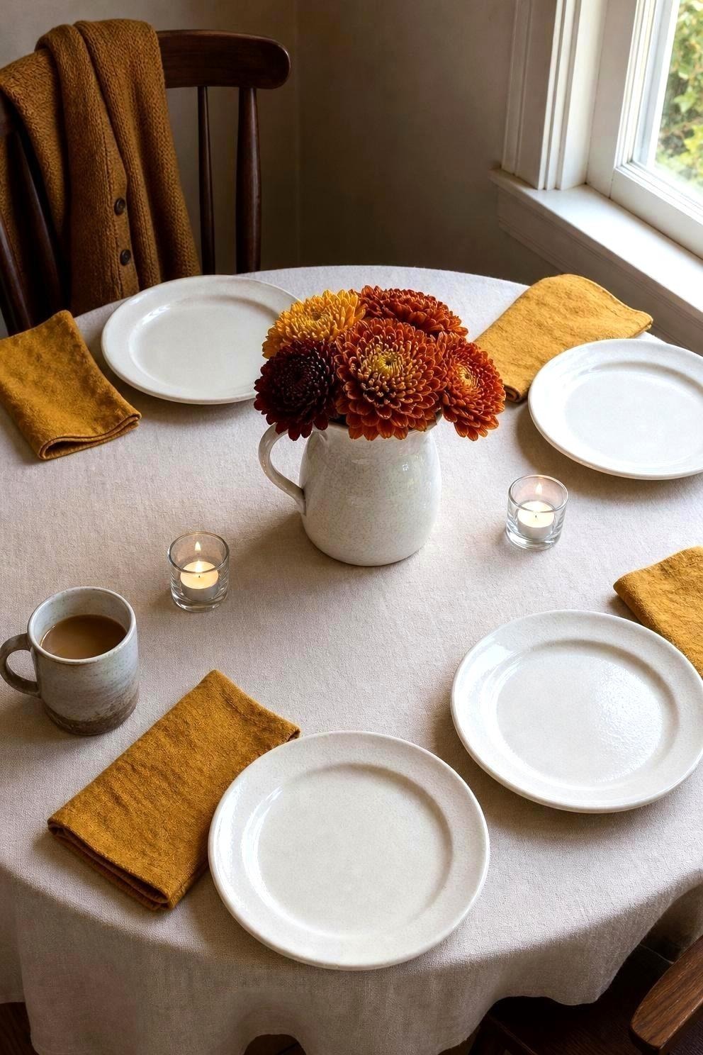 A small round dining table for four with a low white ceramic pitcher of rust and gold chrysanthemums in the center, two folded napkins and a pair of votive candles