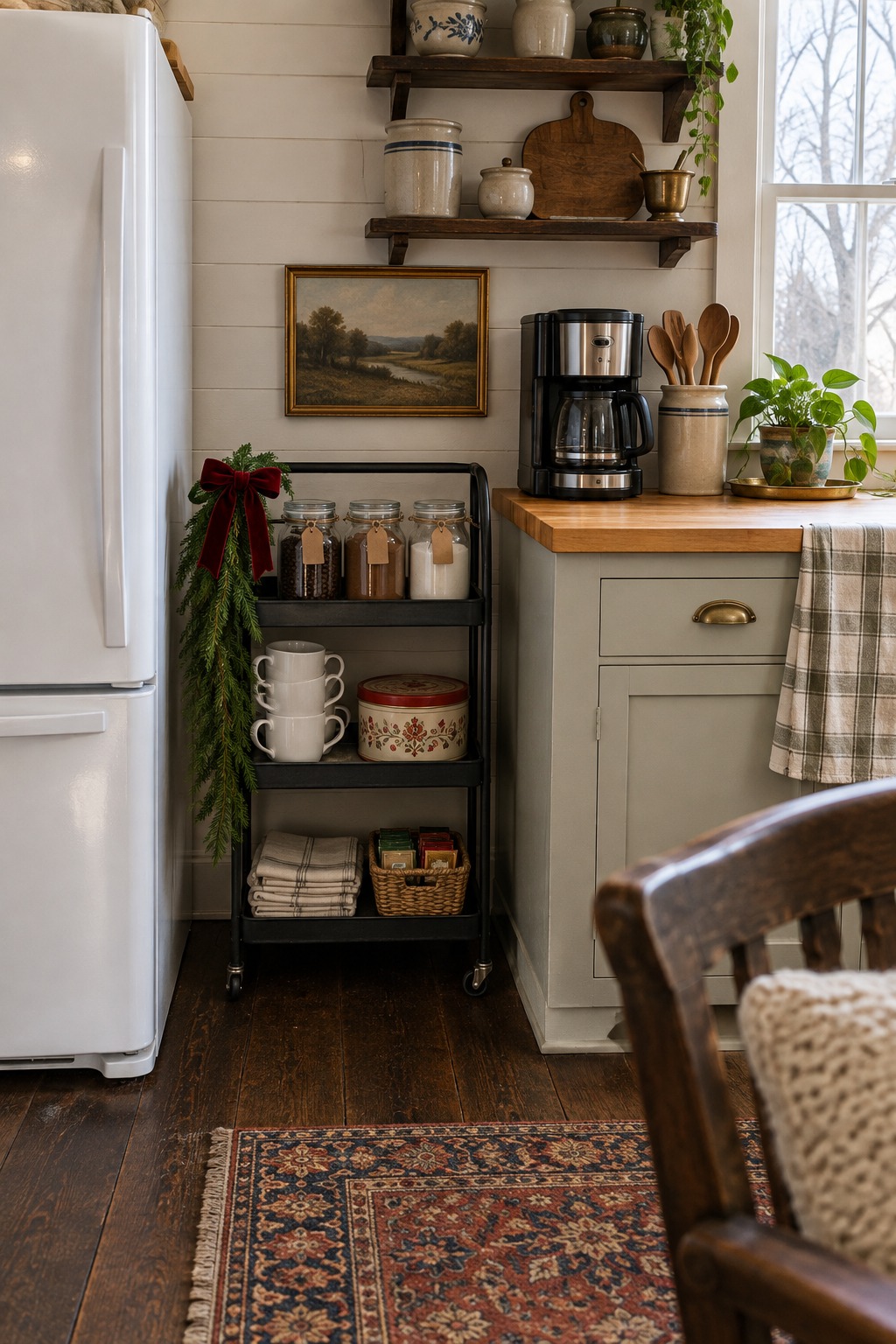 Slim black three-tier rolling cart between a refrigerator and a kitchen counter holding glass jars of coffee, cocoa and sugar, white mugs, a cookie tin, napkins and tea, with a cedar garland and red bow on the handle