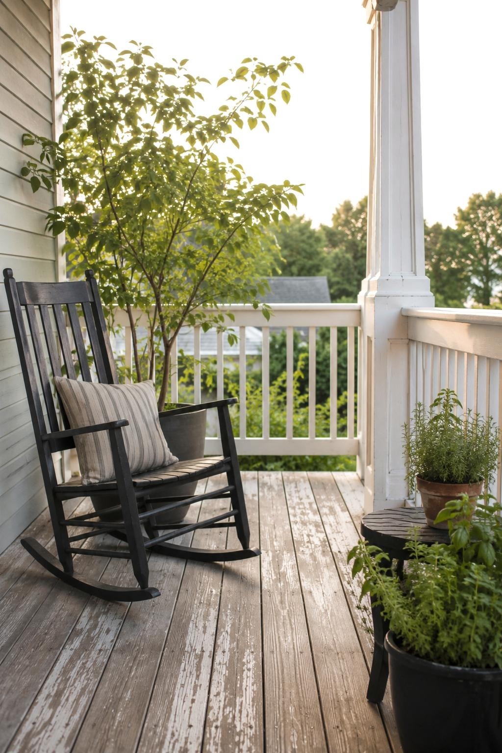 Porch corner with a tall plant behind the chair and a low pot near the table
