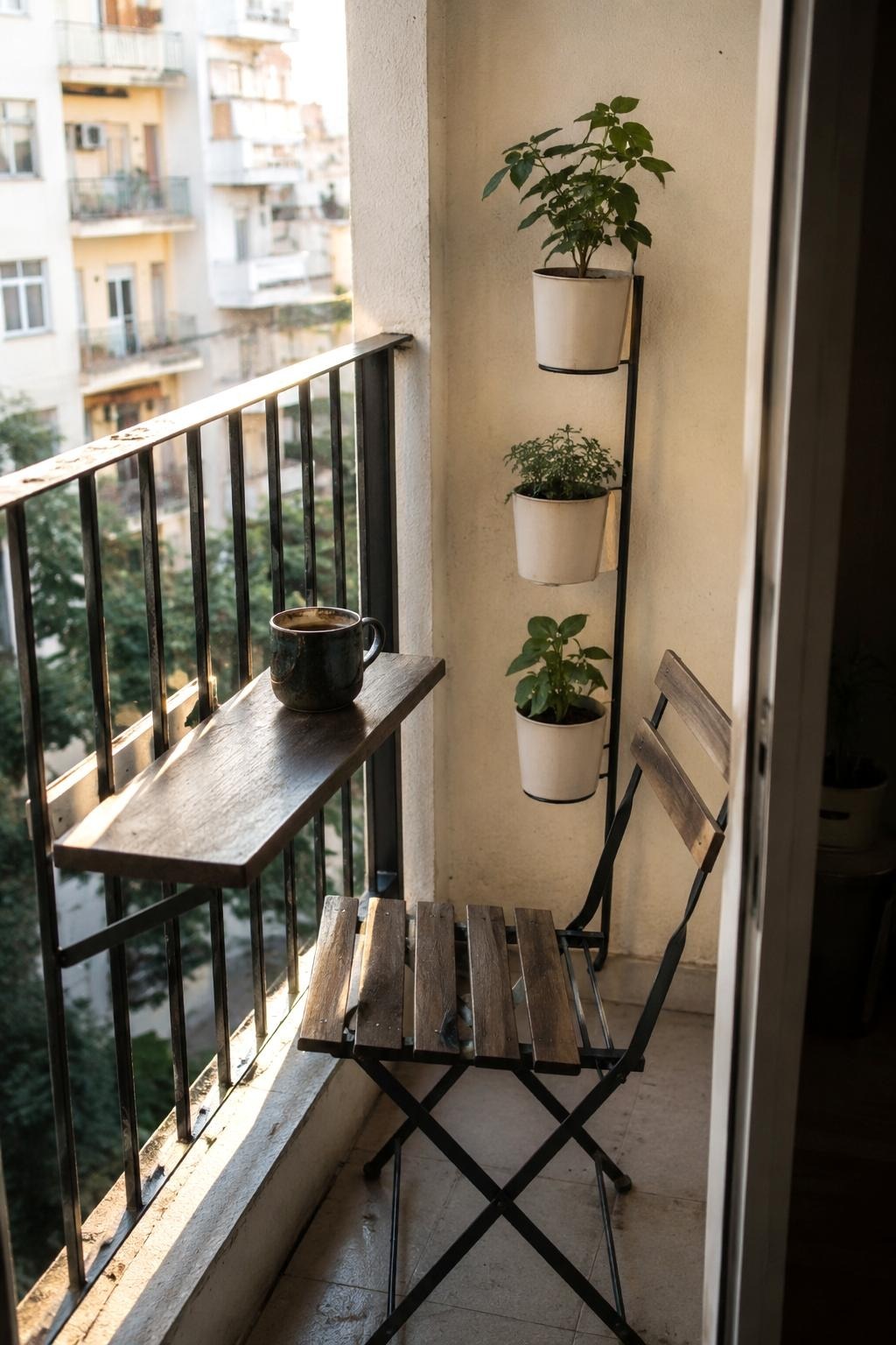 Tiny balcony coffee corner with a folding chair and rail-mounted tray