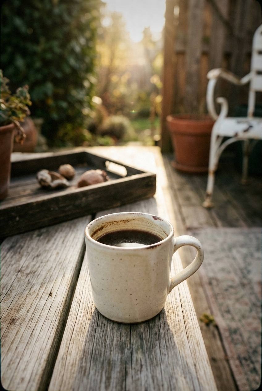 Quiet pre-dawn kitchen with steam rising from a ceramic mug on a wooden counter