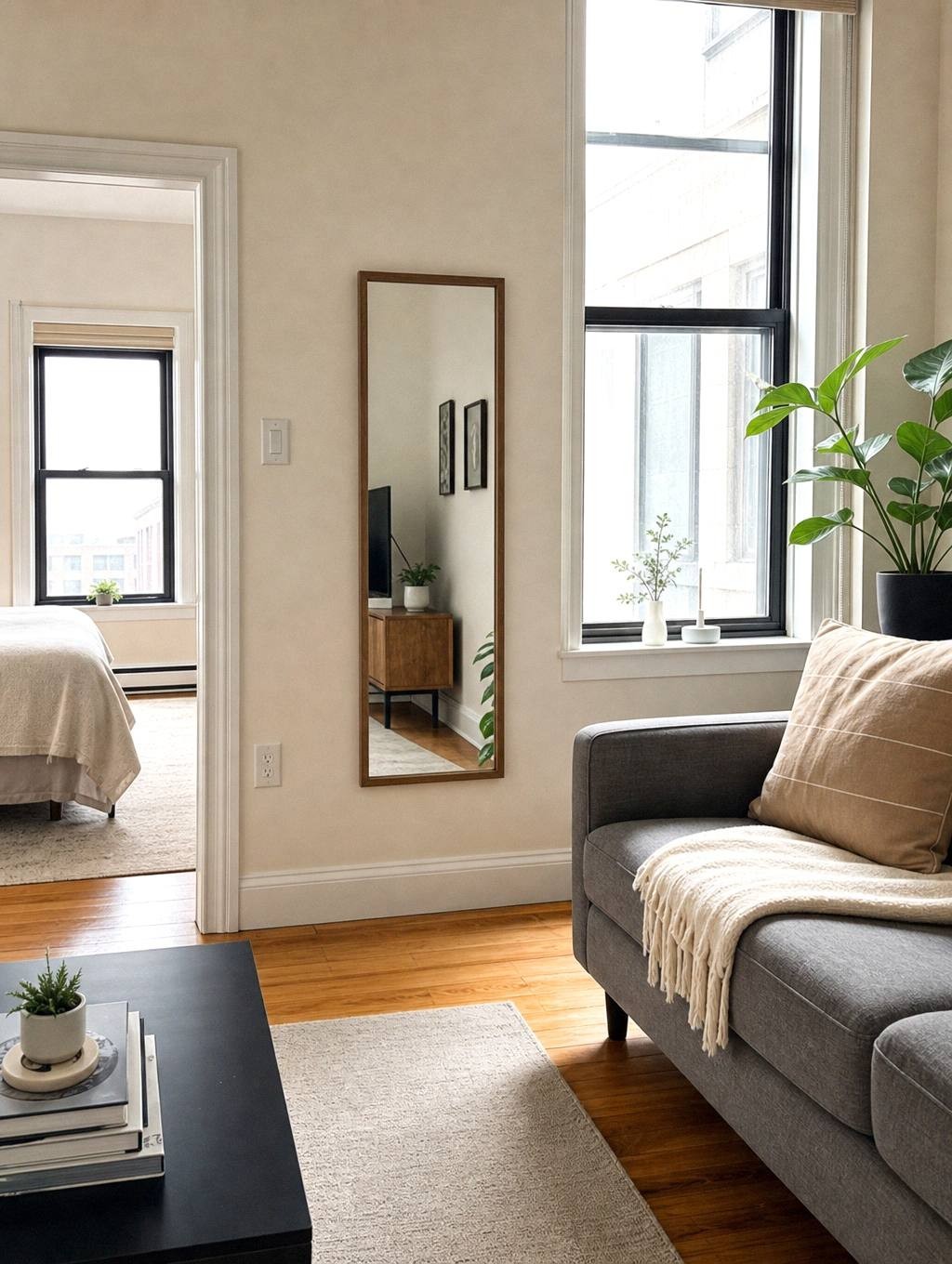 person reading apartment lease document with camera and notepad on table