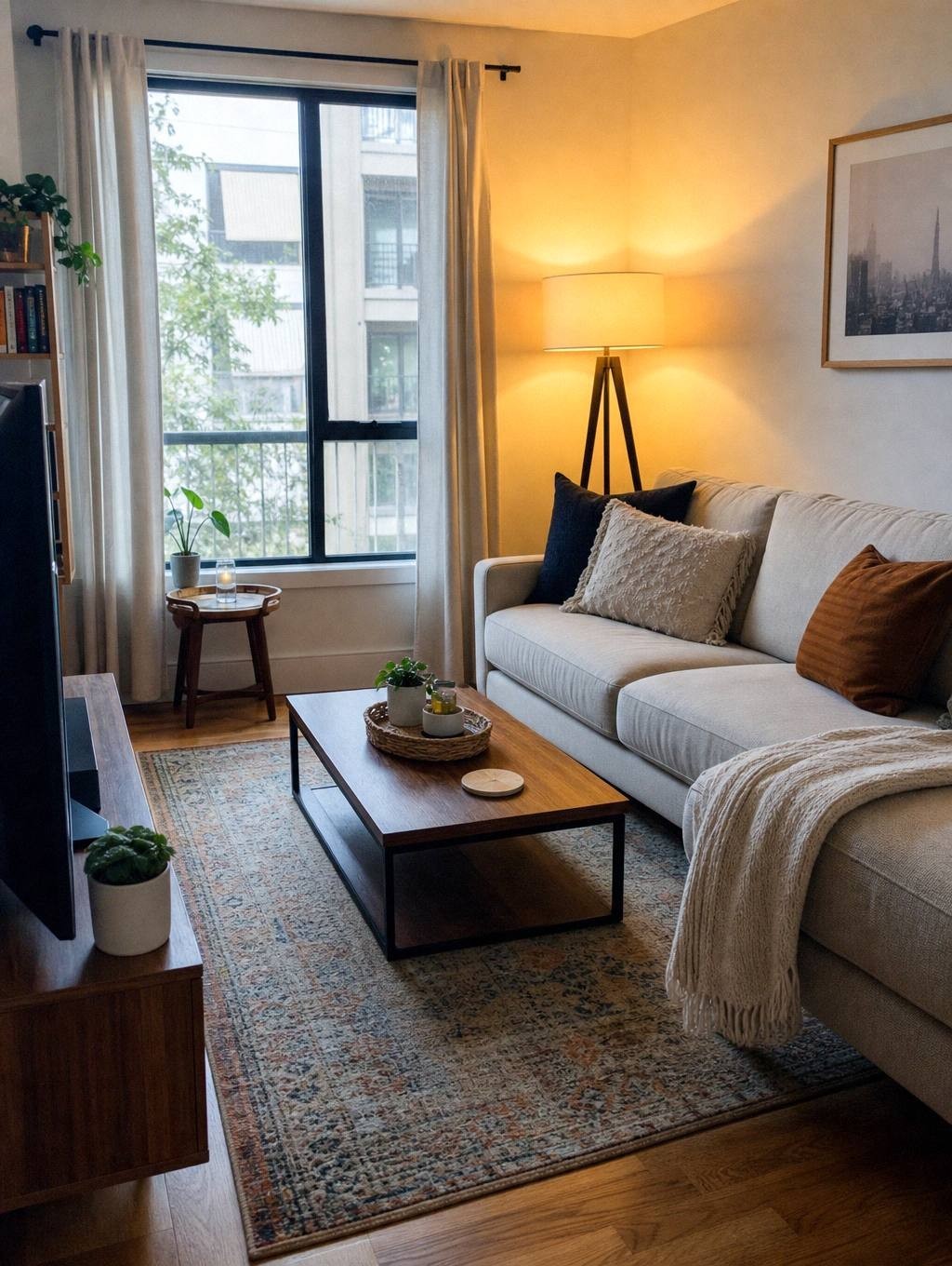corner of living room with floor lamp, table lamp, and plug-in wall sconce creating layered lighting