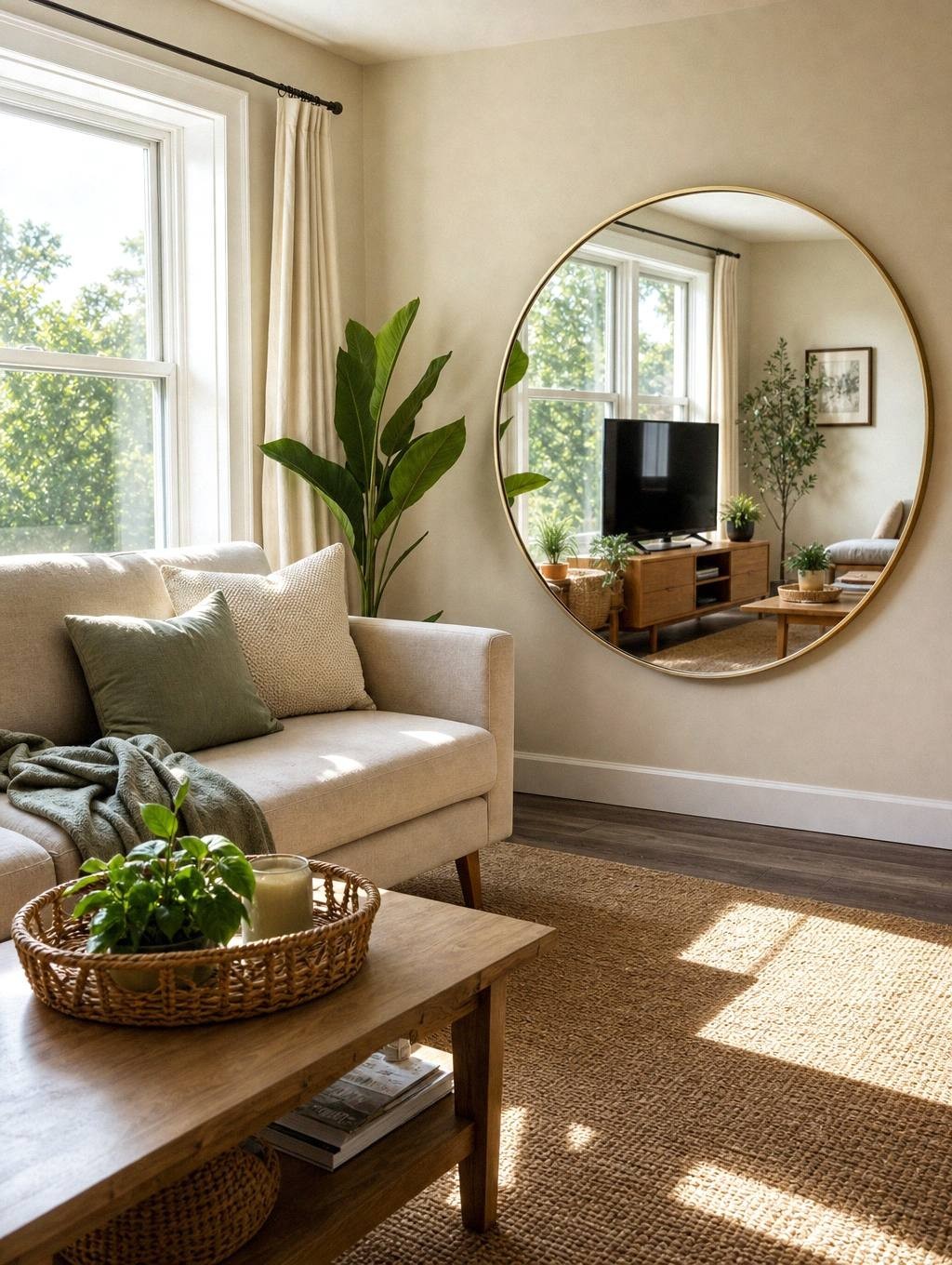 large round mirror leaning against living room wall reflecting window light