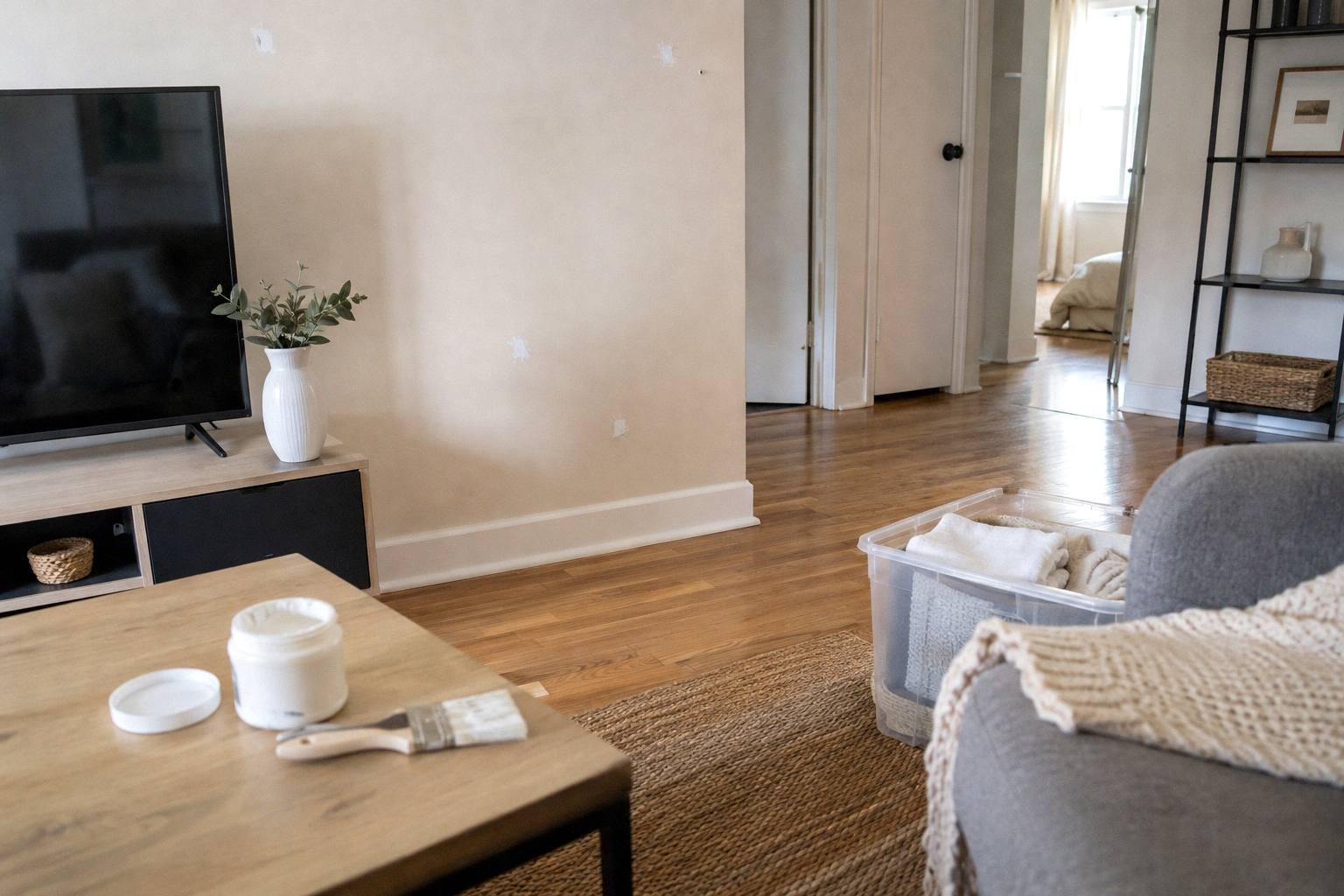 person filling nail holes in white apartment wall with spackling paste and putty knife