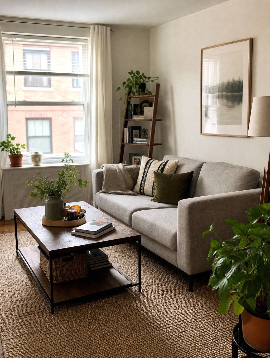 furnished small apartment living room with sofa, floor lamp, area rug, and wall art