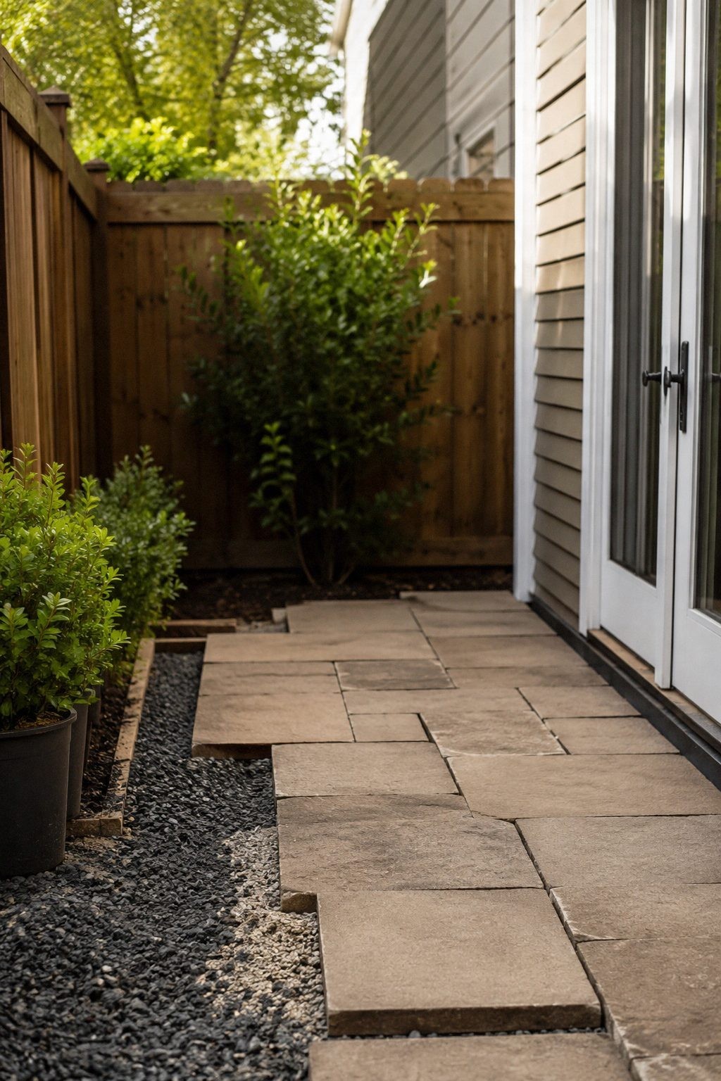 Small side-yard patio with stepping pavers, gravel, and a clear walking path beside the house