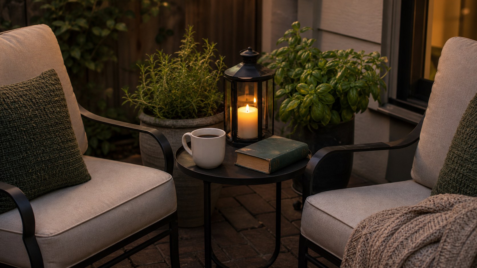 Compact patio chair with cushions, a lantern on a side table, and plants around the seating corner at dusk