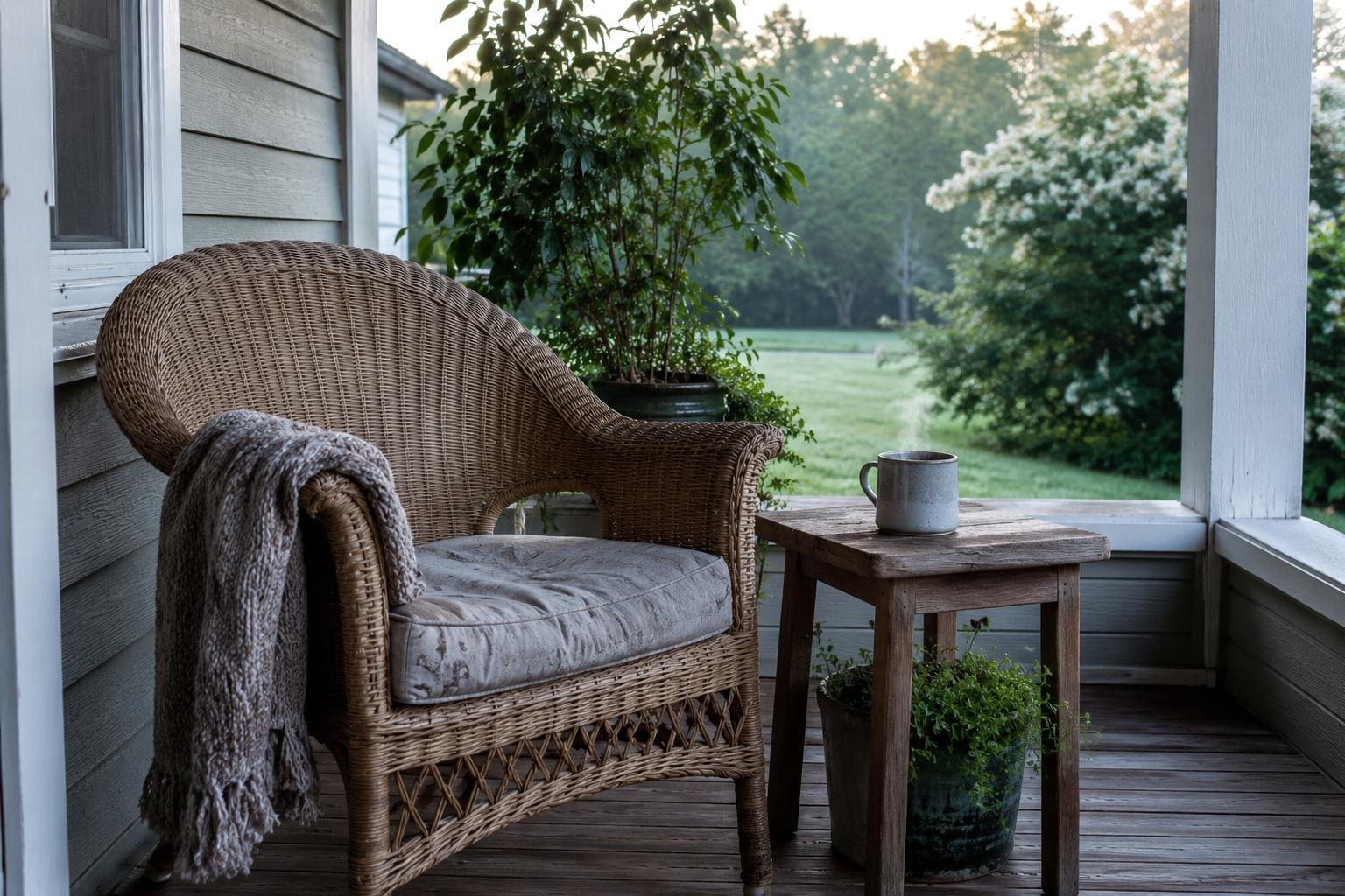 Small covered patio corner with one wicker chair, a side table, coffee, and greenery beyond the porch