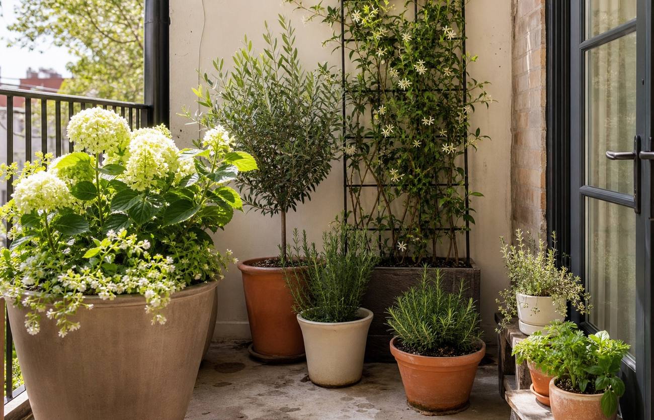 Cluster of patio planters with hydrangeas, herbs, and greenery arranged at different heights near a door
