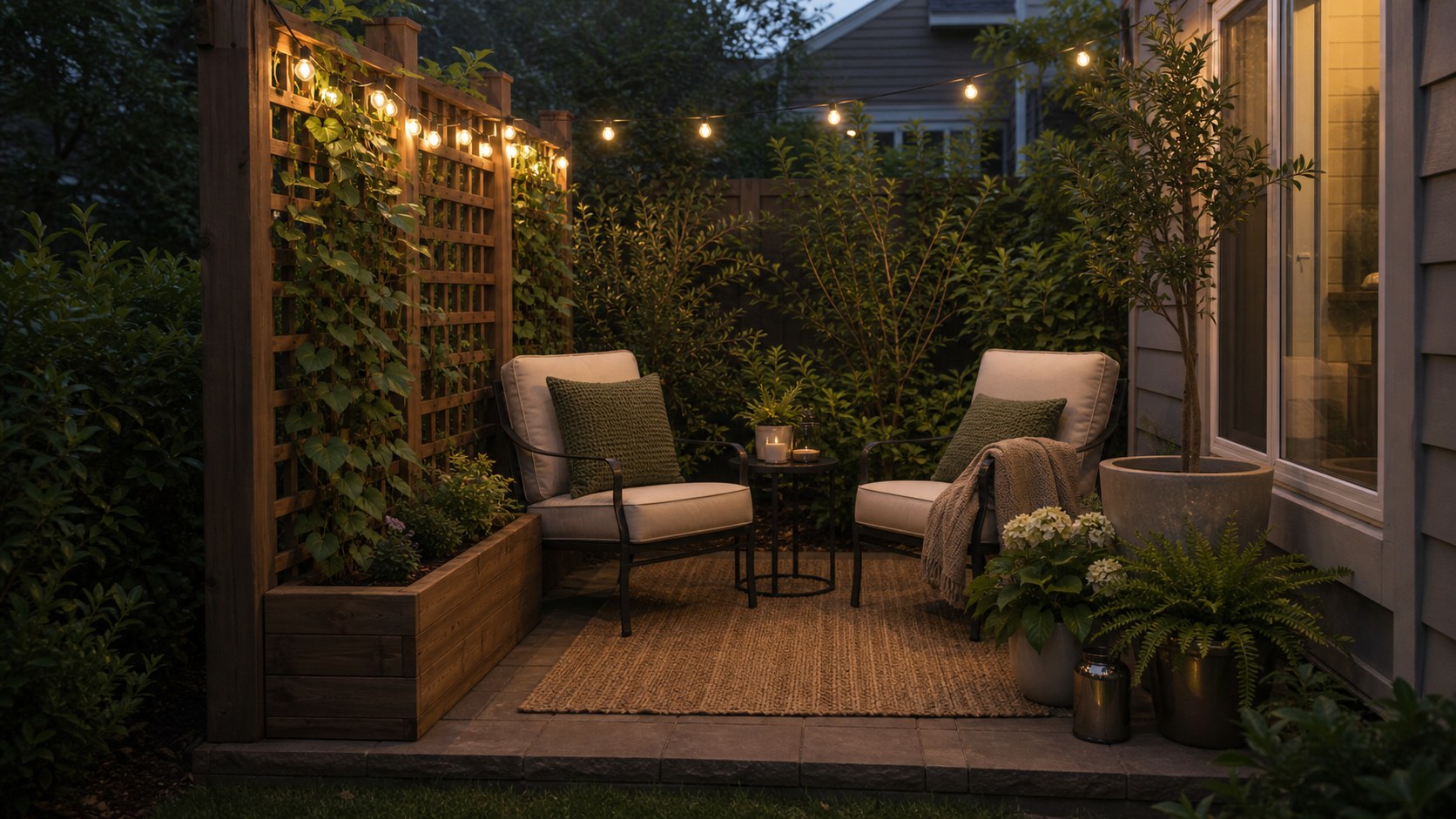 Small patio seating nook with a trellis, planters, warm lights, and one protected side near the fence
