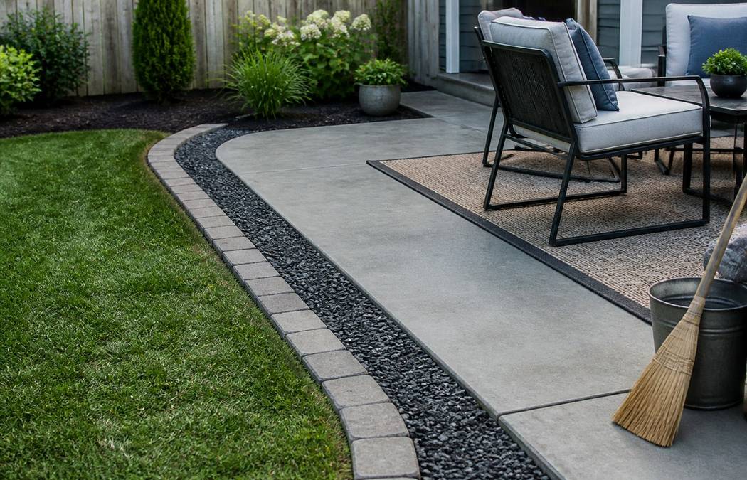 Small concrete patio with a dark gravel border, lawn edge, outdoor chair, and simple planters
