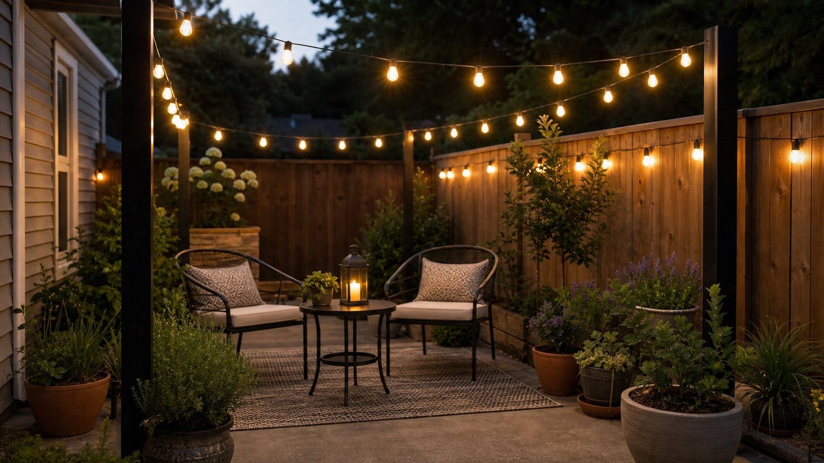 Small backyard patio at dusk with warm string lights over two chairs and simple planters near a wood fence