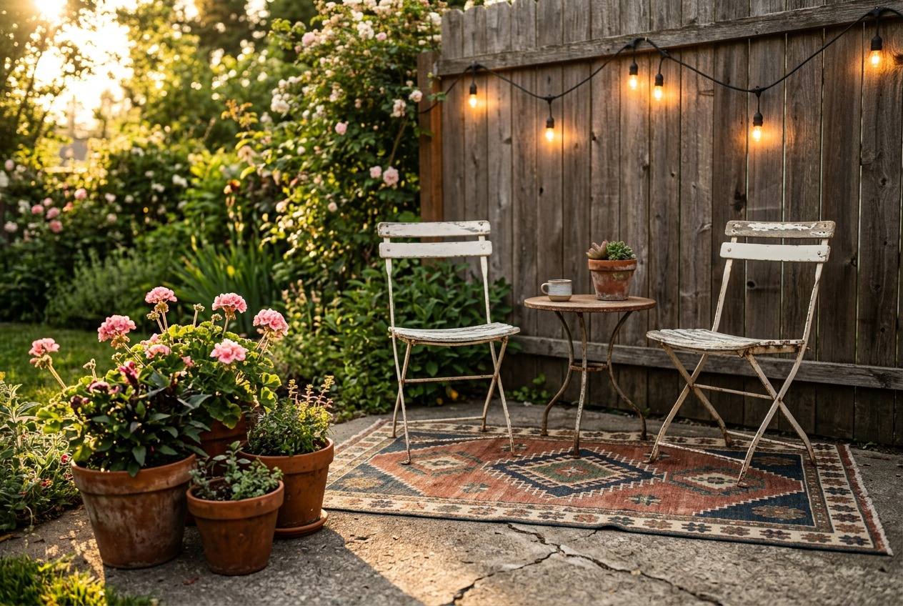Budget patio corner with folding chairs, a small rug, potted flowers, and warm string lights on a wood fence