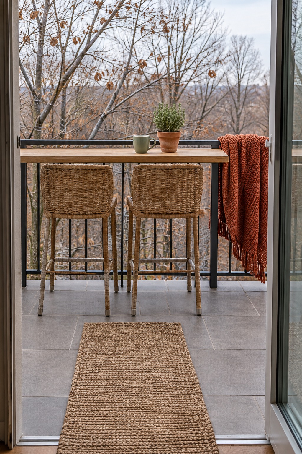 Two tall wicker bar stools tucked under a pale oak bar top along a balcony rail, seen from the open balcony door