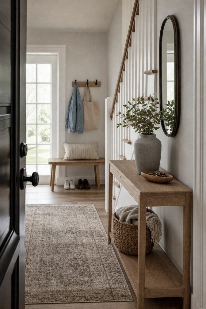 Narrow entry with a small bench, spaced wall hooks, and an unobstructed route from the door