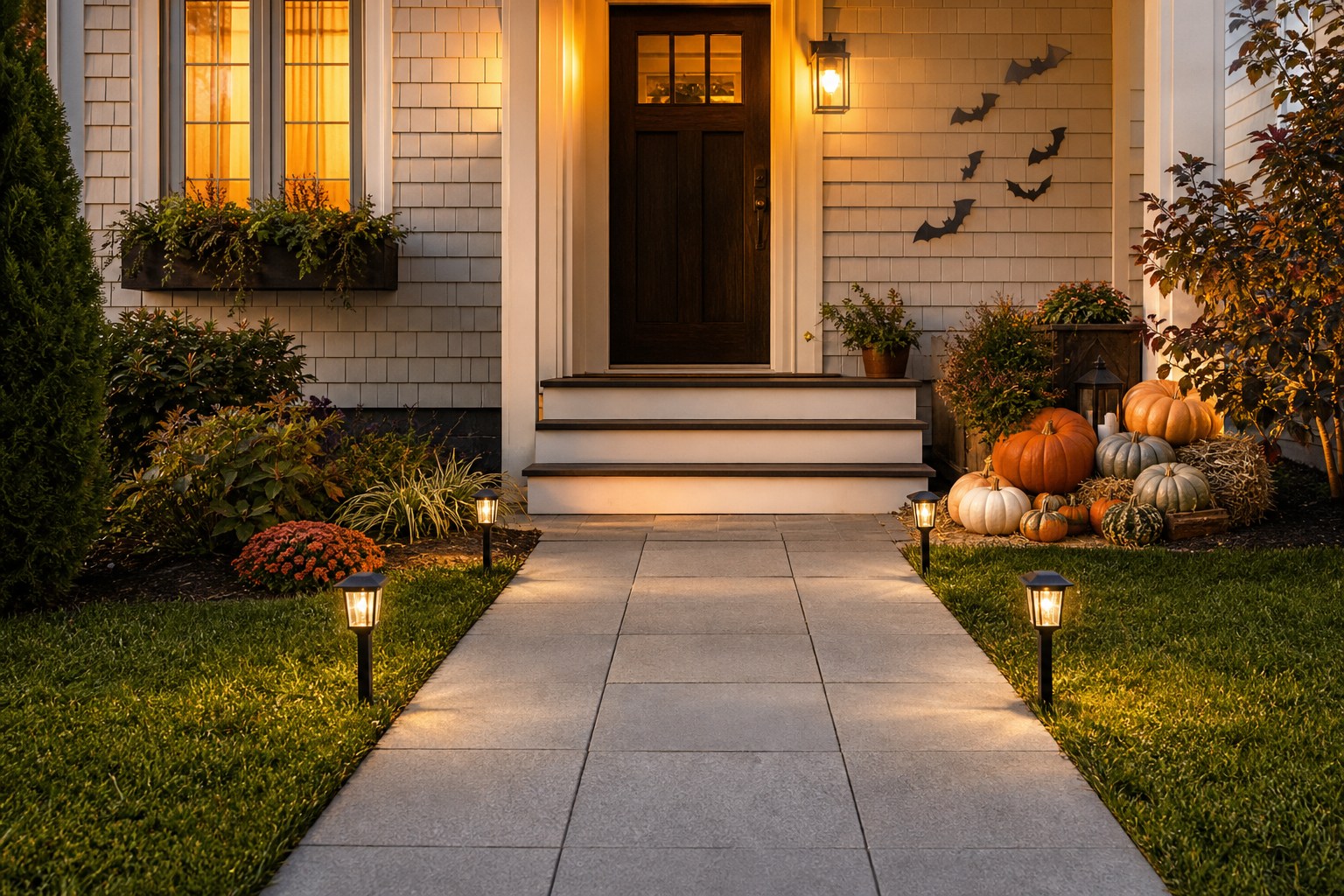 View from a front walk toward a clearly lit Halloween doorway with decorations grouped away from the steps